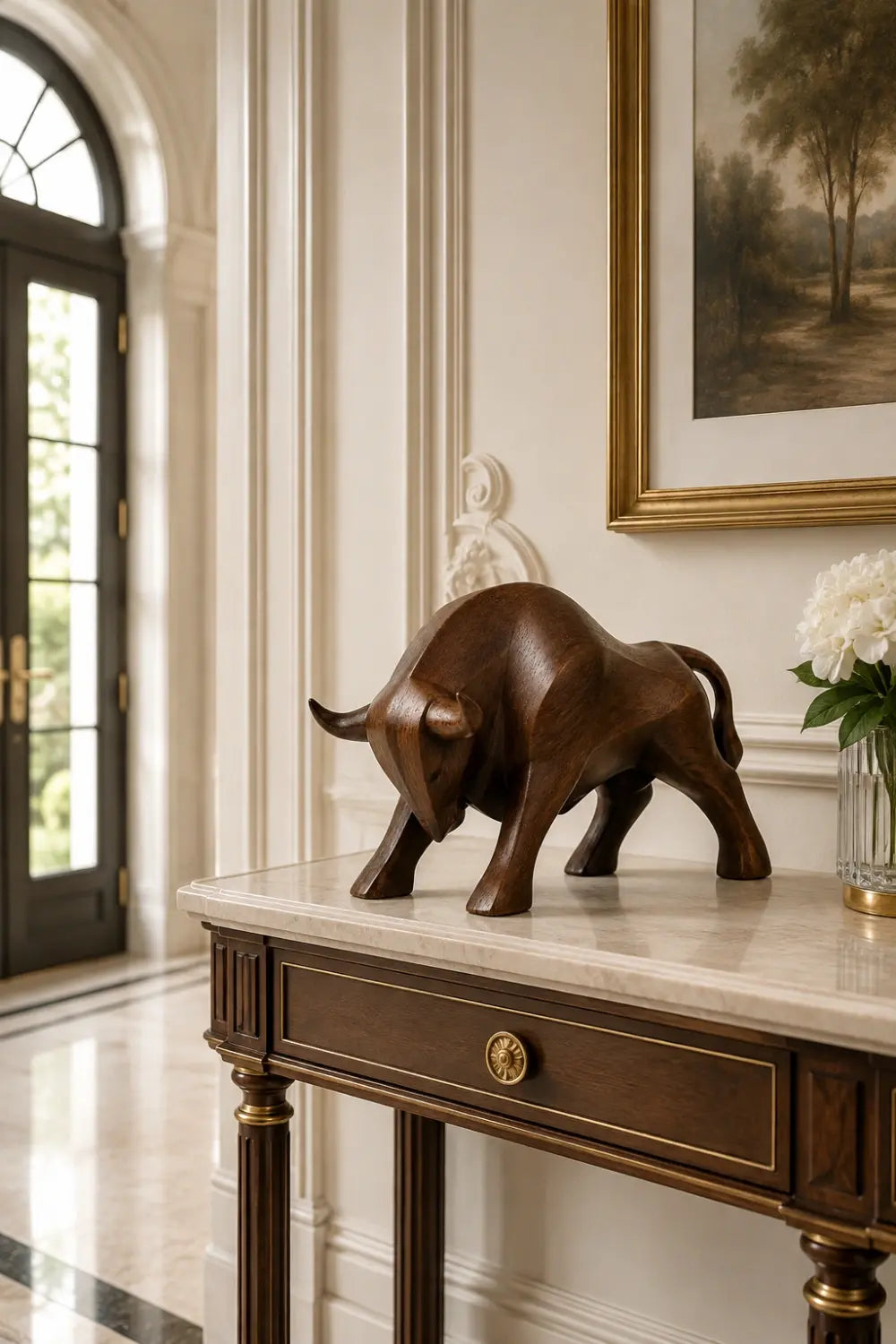 Carved Wood Bull Sculpture | Charging Wall Street Statue | Executive Desk Gift