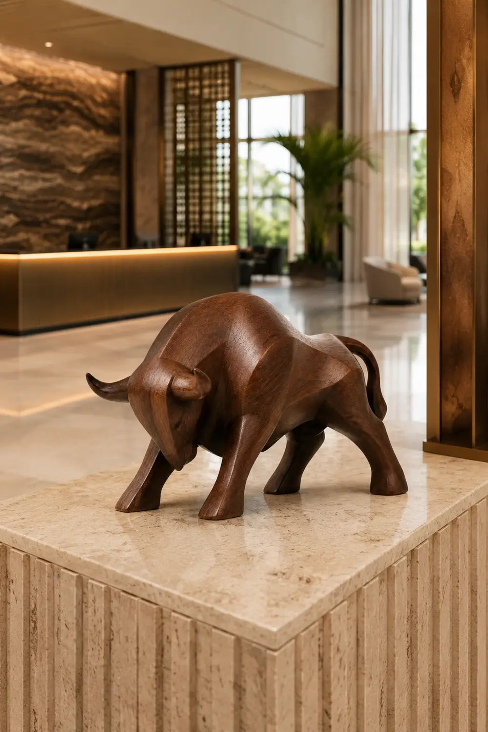 Carved Wood Bull Sculpture | Charging Wall Street Statue | Executive Desk Gift