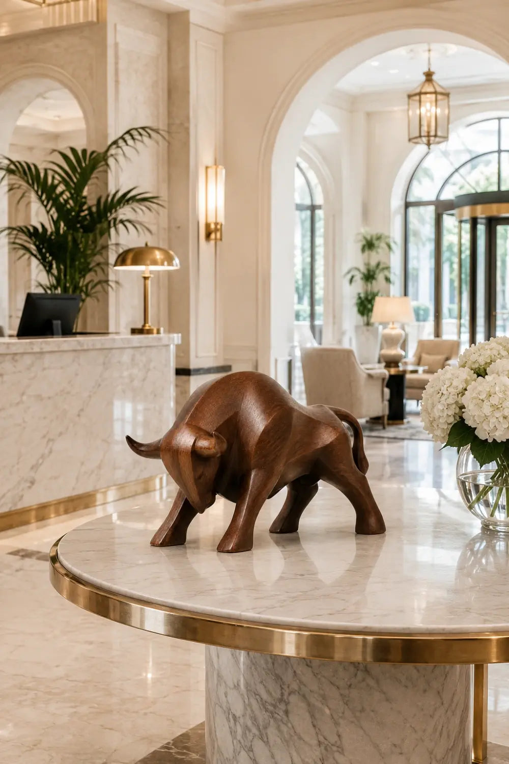 Carved Wood Bull Sculpture | Charging Wall Street Statue | Executive Desk Gift