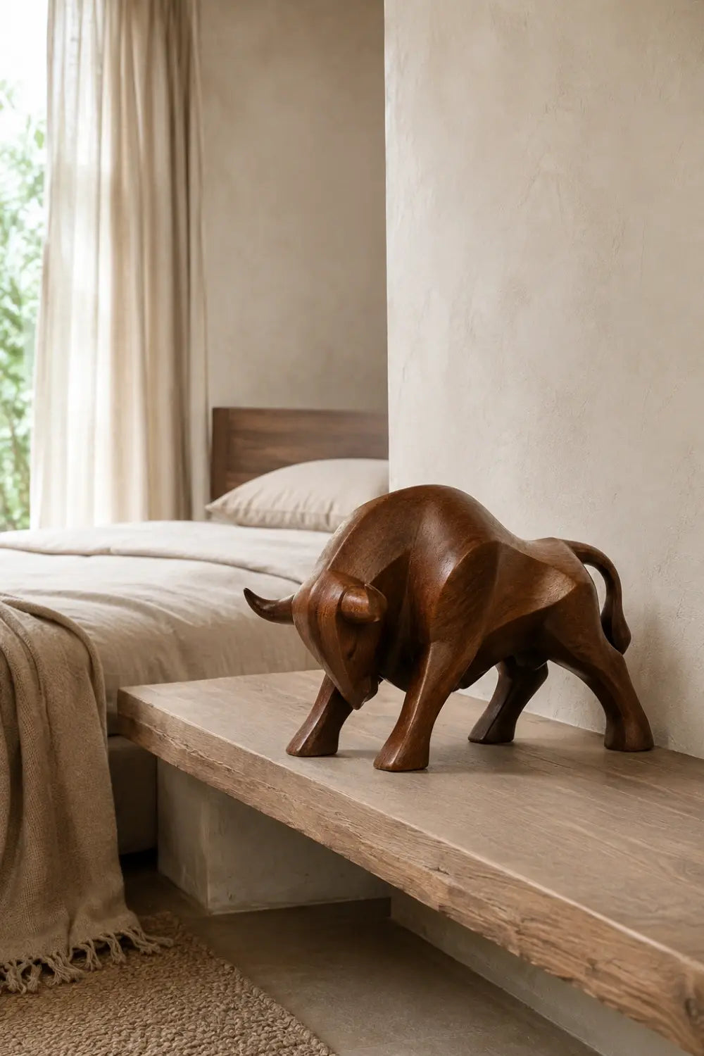 Carved Wood Bull Sculpture | Charging Wall Street Statue | Executive Desk Gift