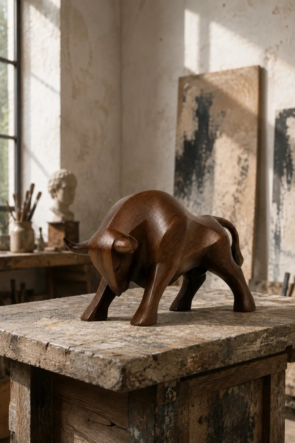 Carved Wood Bull Sculpture | Charging Wall Street Statue | Executive Desk Gift