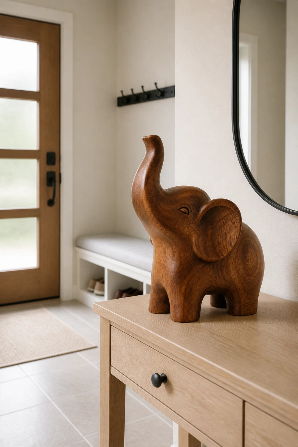Abstract Wooden Elephant Sculpture| Lucky Trunk Up Carved Decor