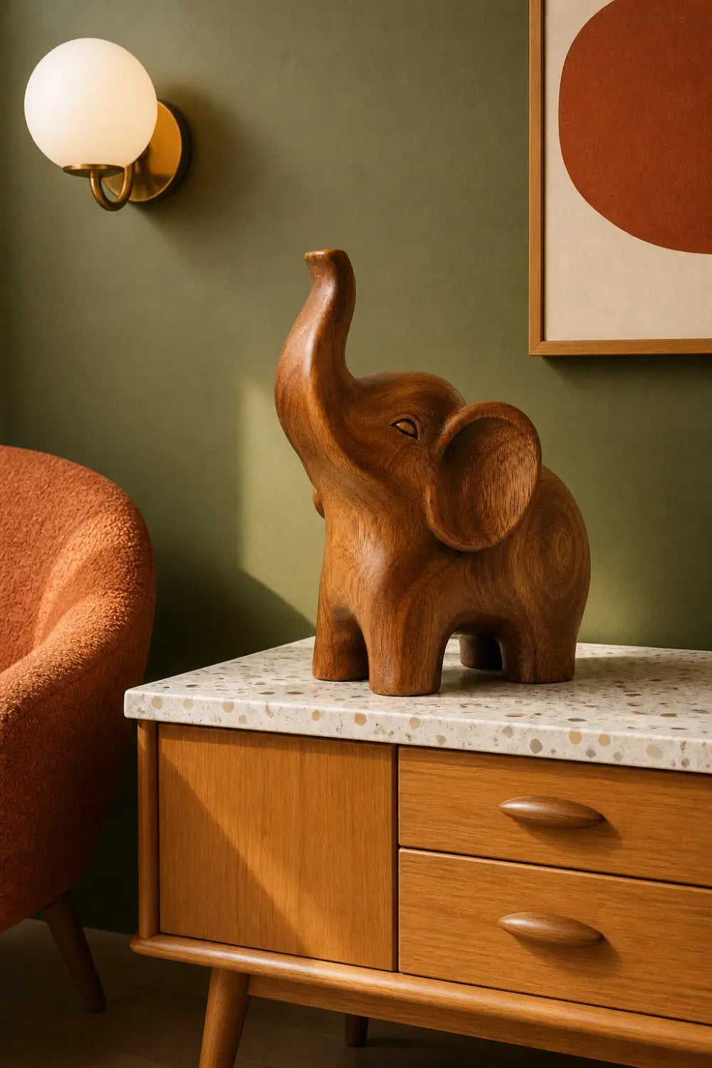 Abstract Wooden Elephant Sculpture| Lucky Trunk Up Carved Decor