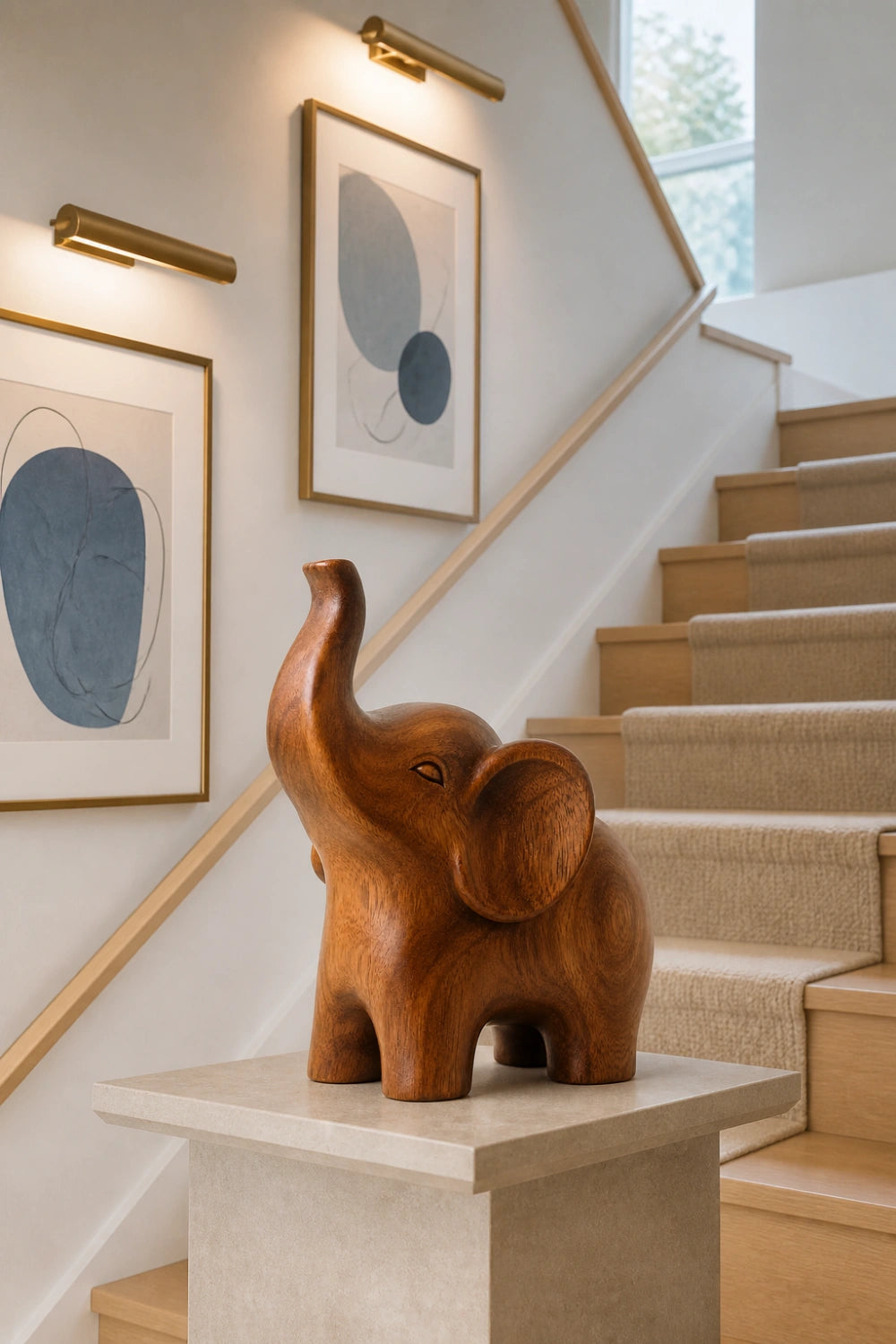 Abstract Wooden Elephant Sculpture| Lucky Trunk Up Carved Decor