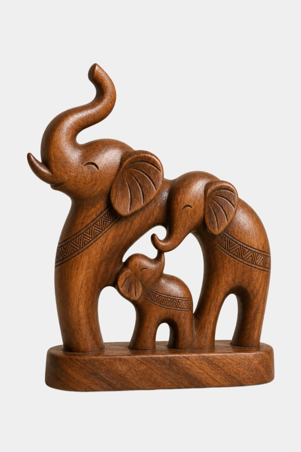 Handcrafted Wood Elephant Trio Sculpture | Lucky Family Statue Art