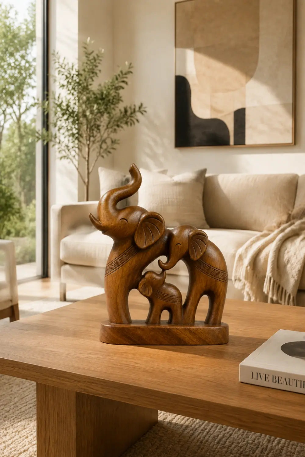 Handcrafted Wood Elephant Trio Sculpture | Lucky Family Statue Art