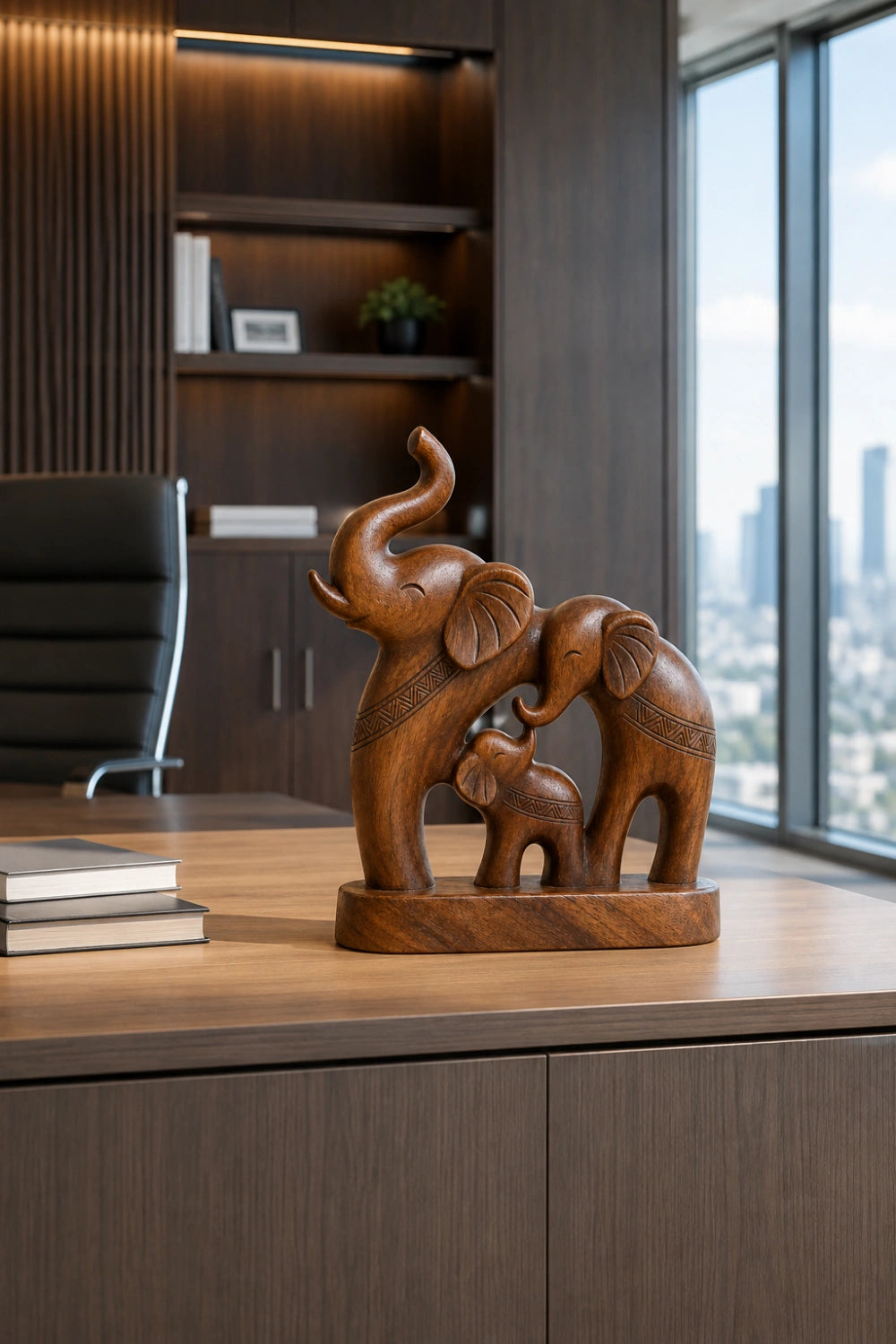 Handcrafted Wood Elephant Trio Sculpture | Lucky Family Statue Art