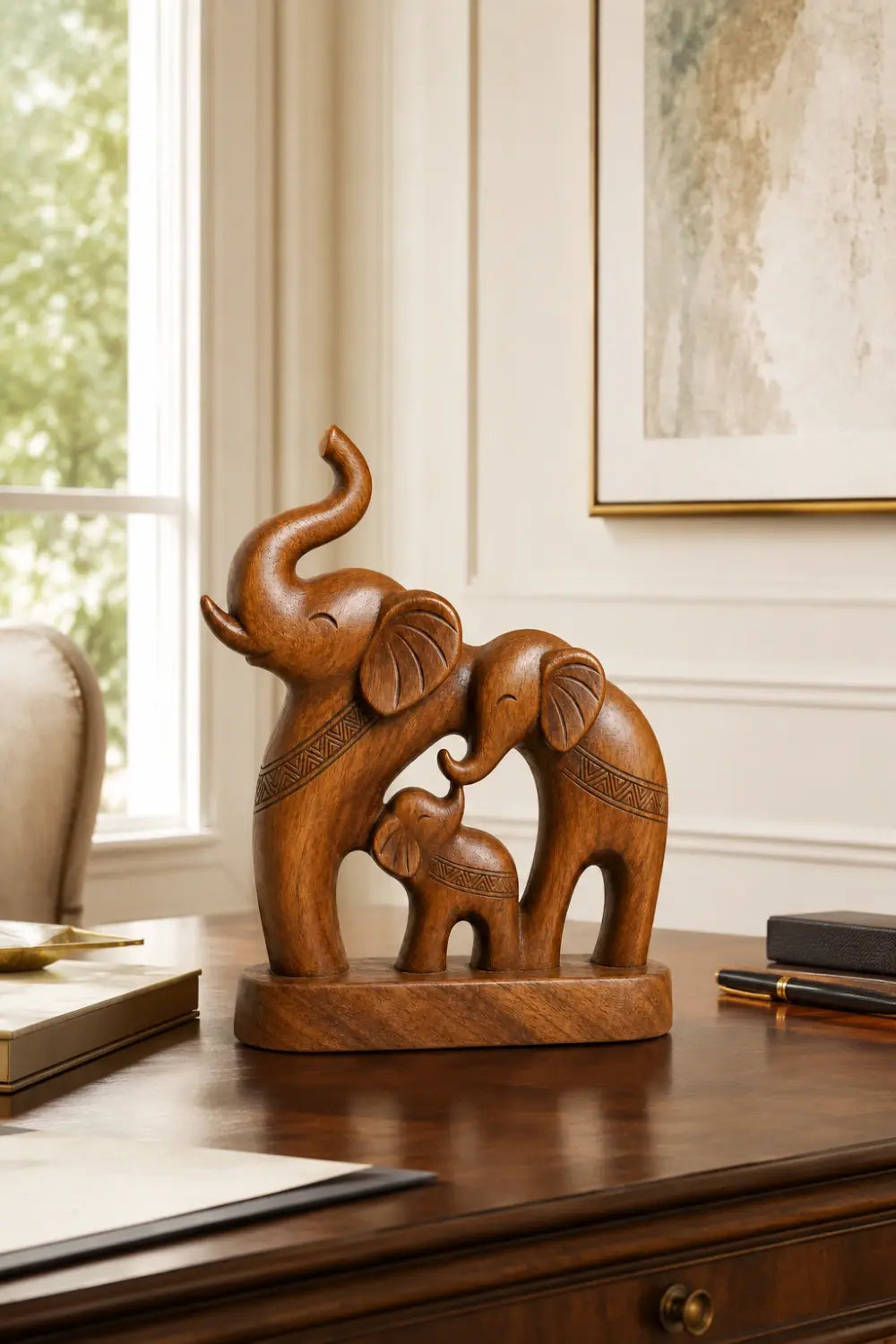 Handcrafted Wood Elephant Trio Sculpture | Lucky Family Statue Art
