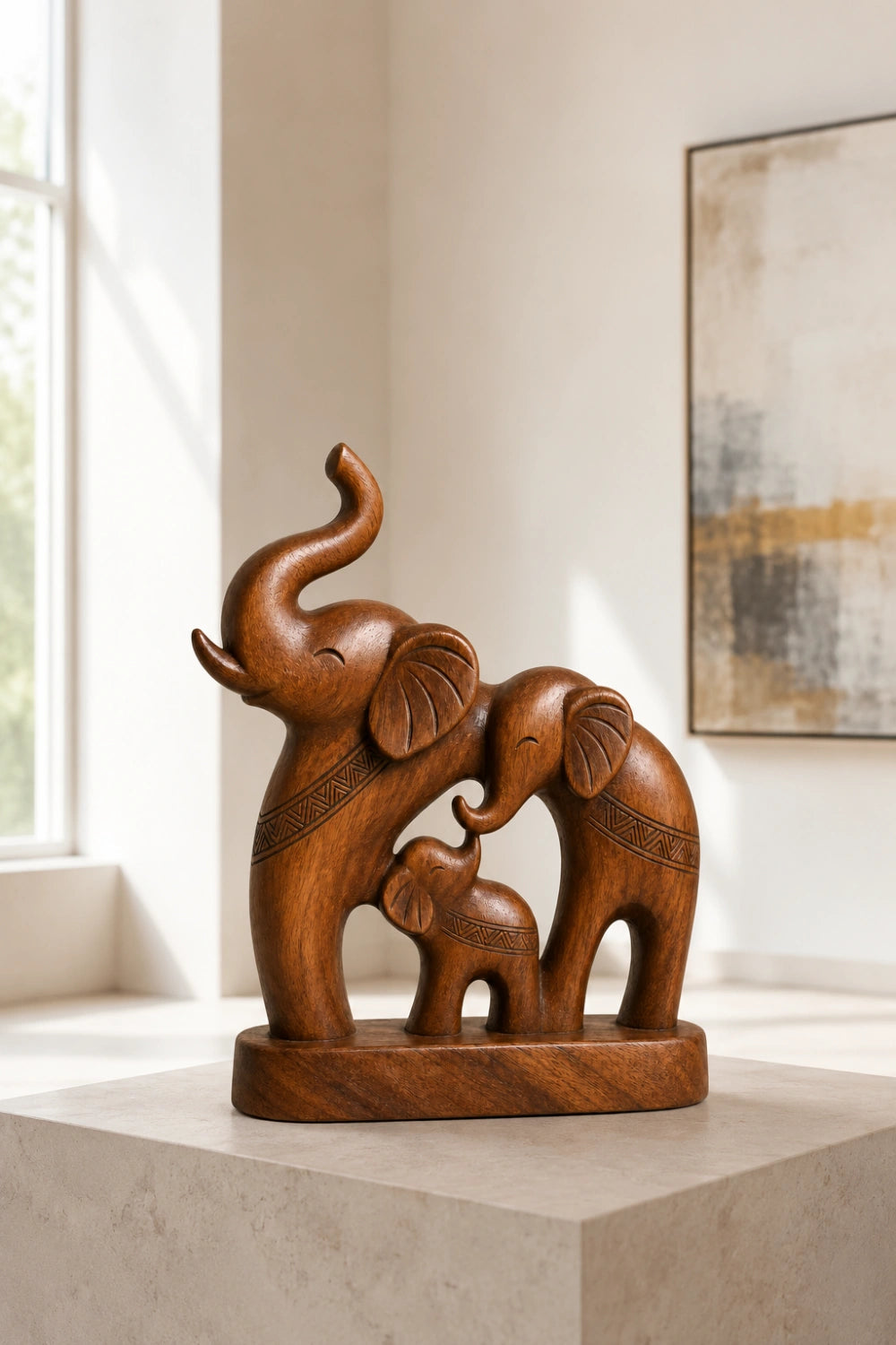 Handcrafted Wood Elephant Trio Sculpture | Lucky Family Statue Art