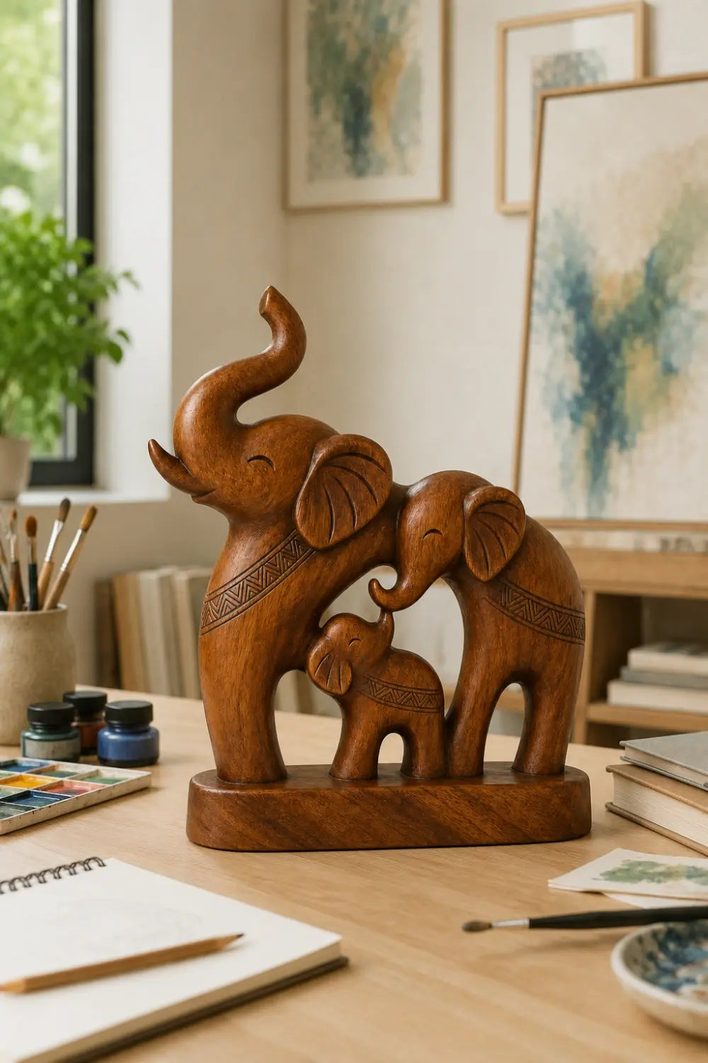 Handcrafted Wood Elephant Trio Sculpture | Lucky Family Statue Art