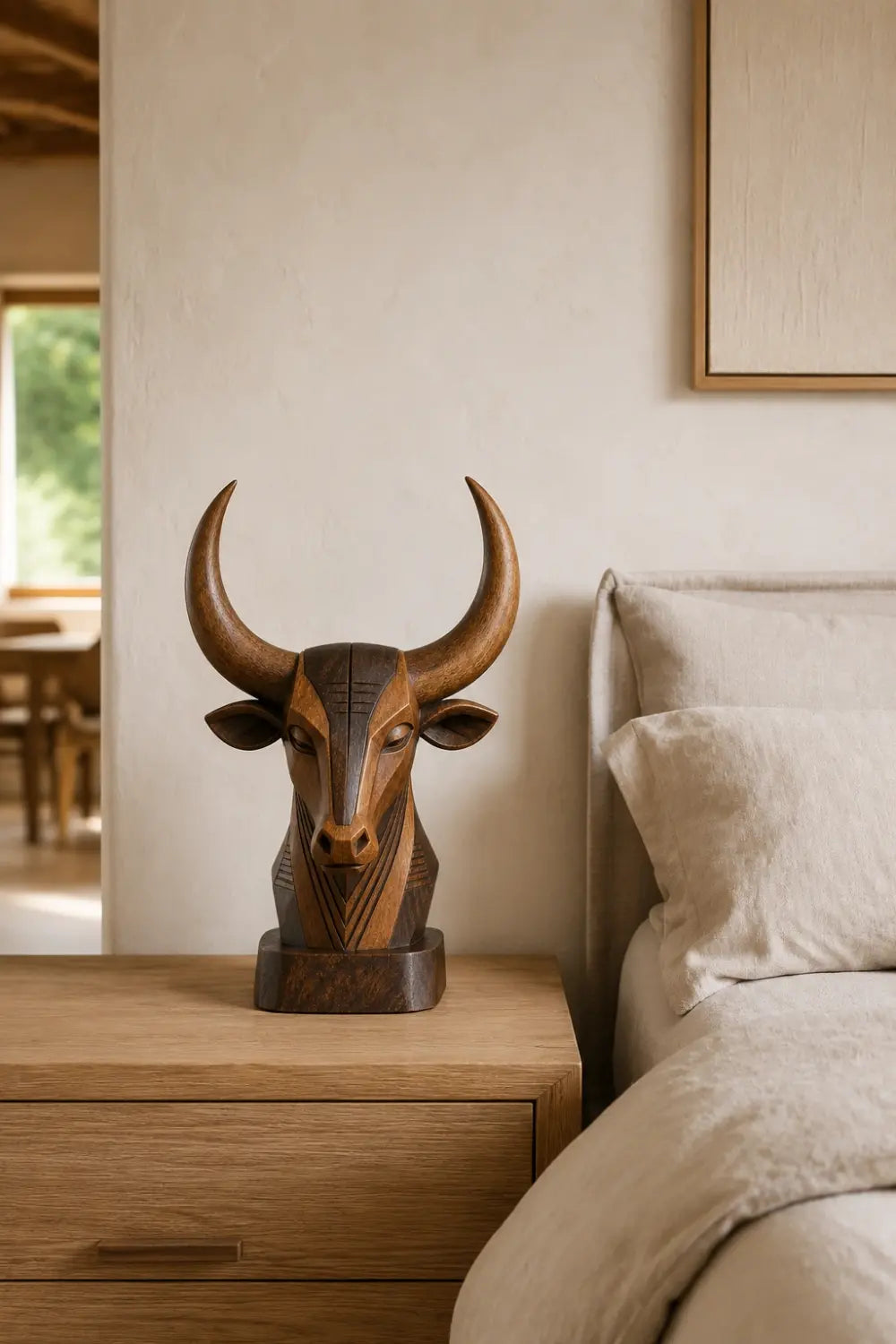 Carved Wood Bull Head Statue | Longhorn Bust Sculpture | Rustic Ranch Decor