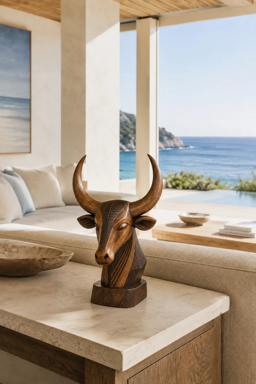 Carved Wood Bull Head Statue | Longhorn Bust Sculpture | Rustic Ranch Decor
