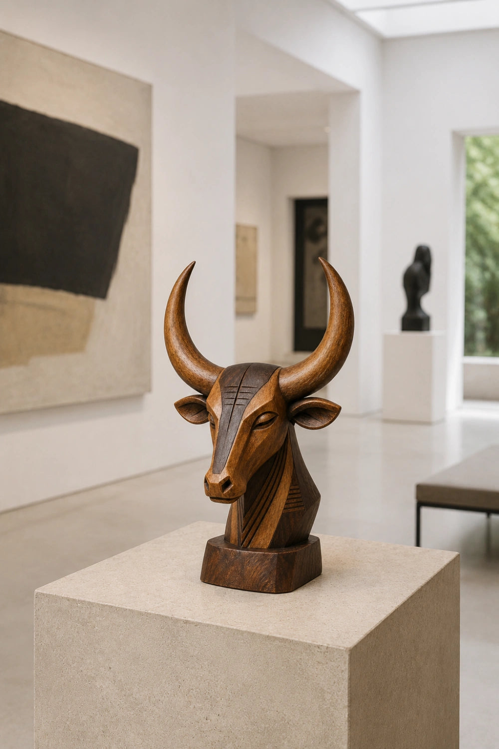 Carved Wood Bull Head Statue | Longhorn Bust Sculpture | Rustic Ranch Decor