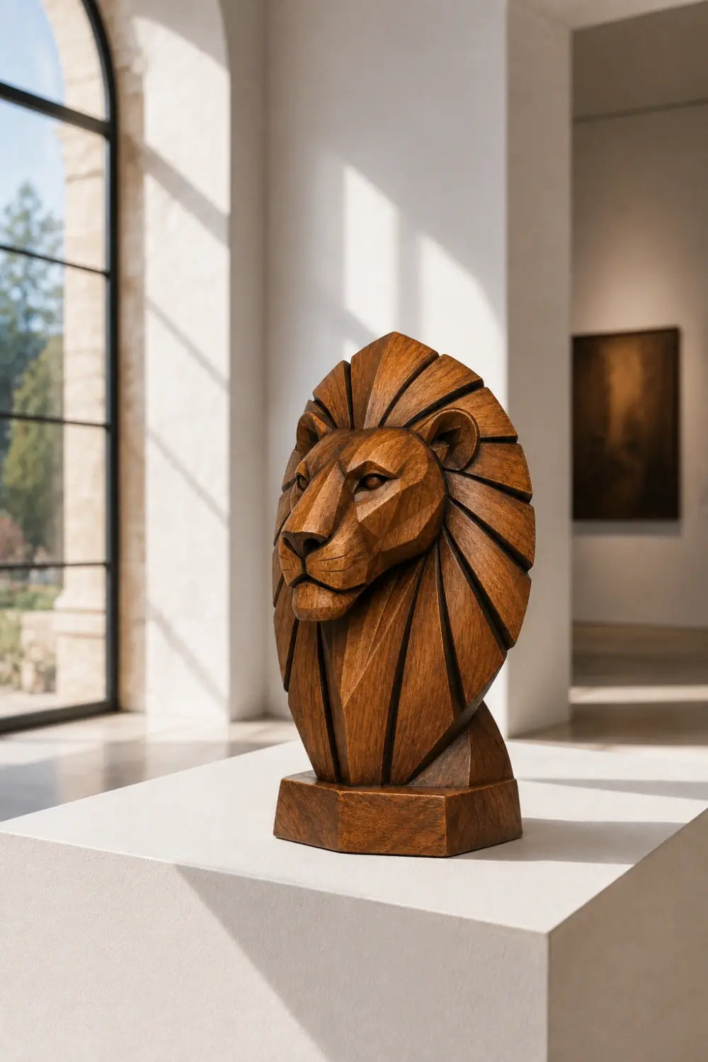Geometric Wooden Lion Head Sculpture | Hand Carved Abstract Animal Accent
