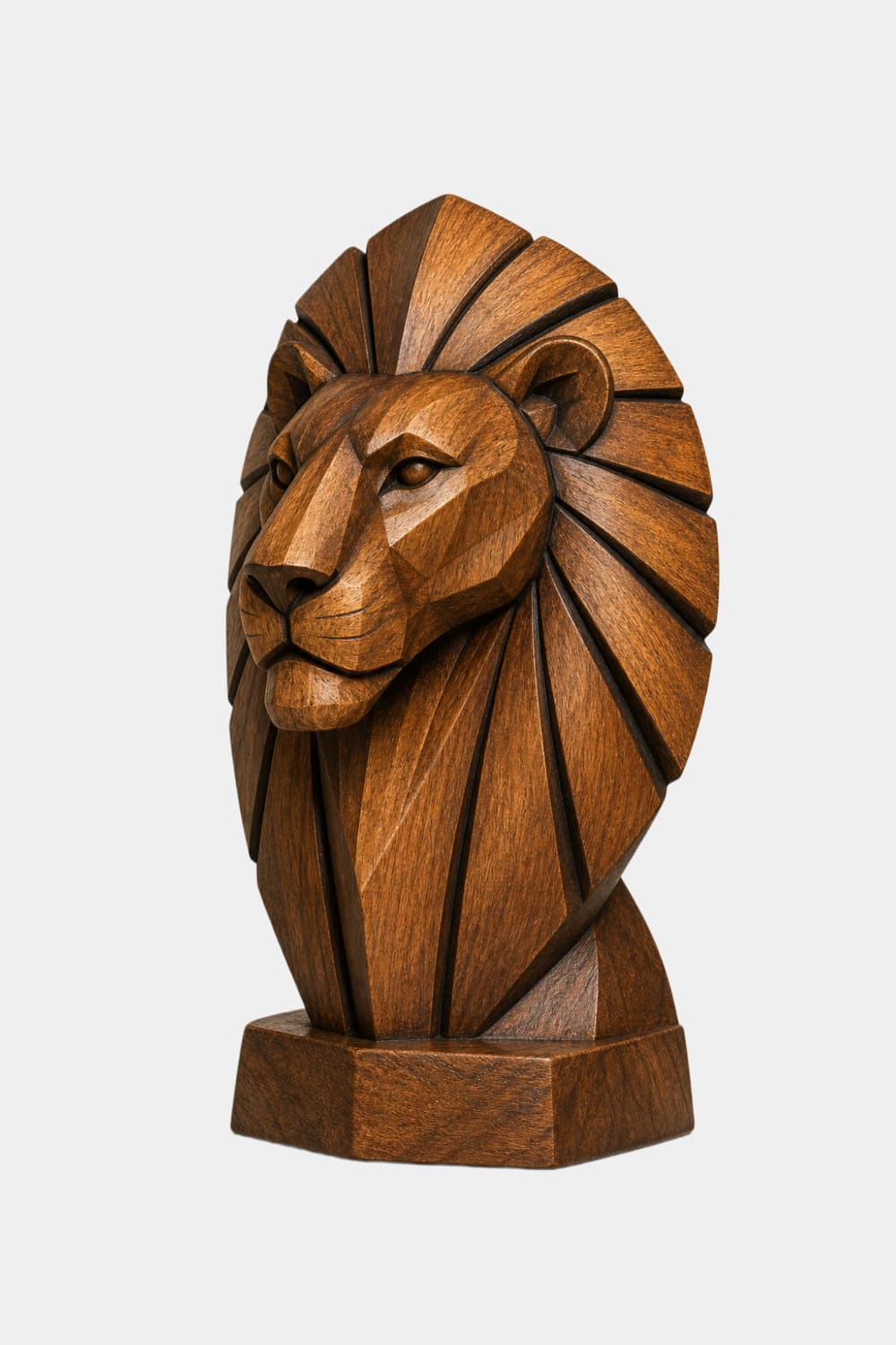Geometric Wooden Lion Head Sculpture | Hand Carved Abstract Animal Accent
