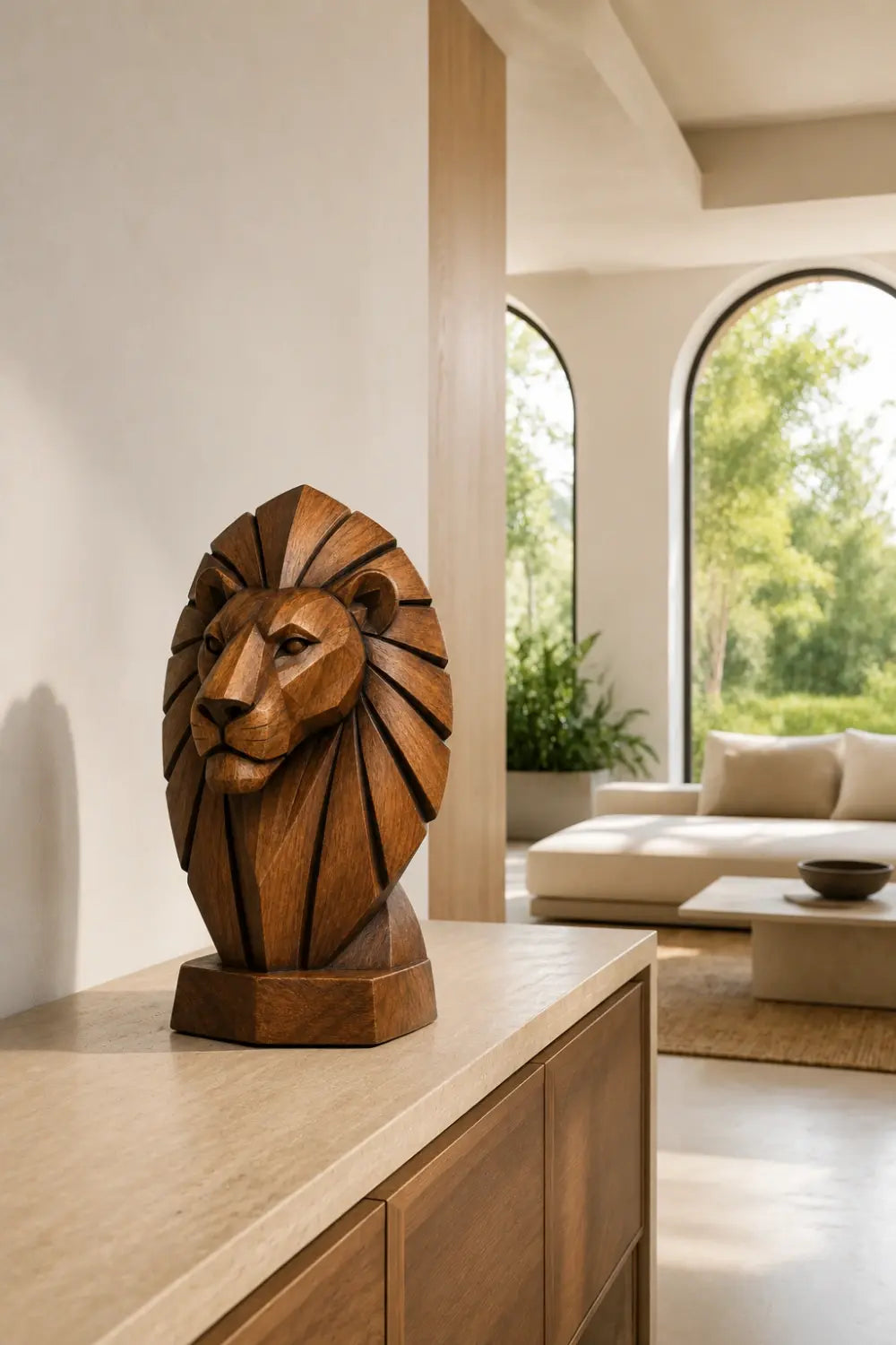 Geometric Wooden Lion Head Sculpture | Hand Carved Abstract Animal Accent