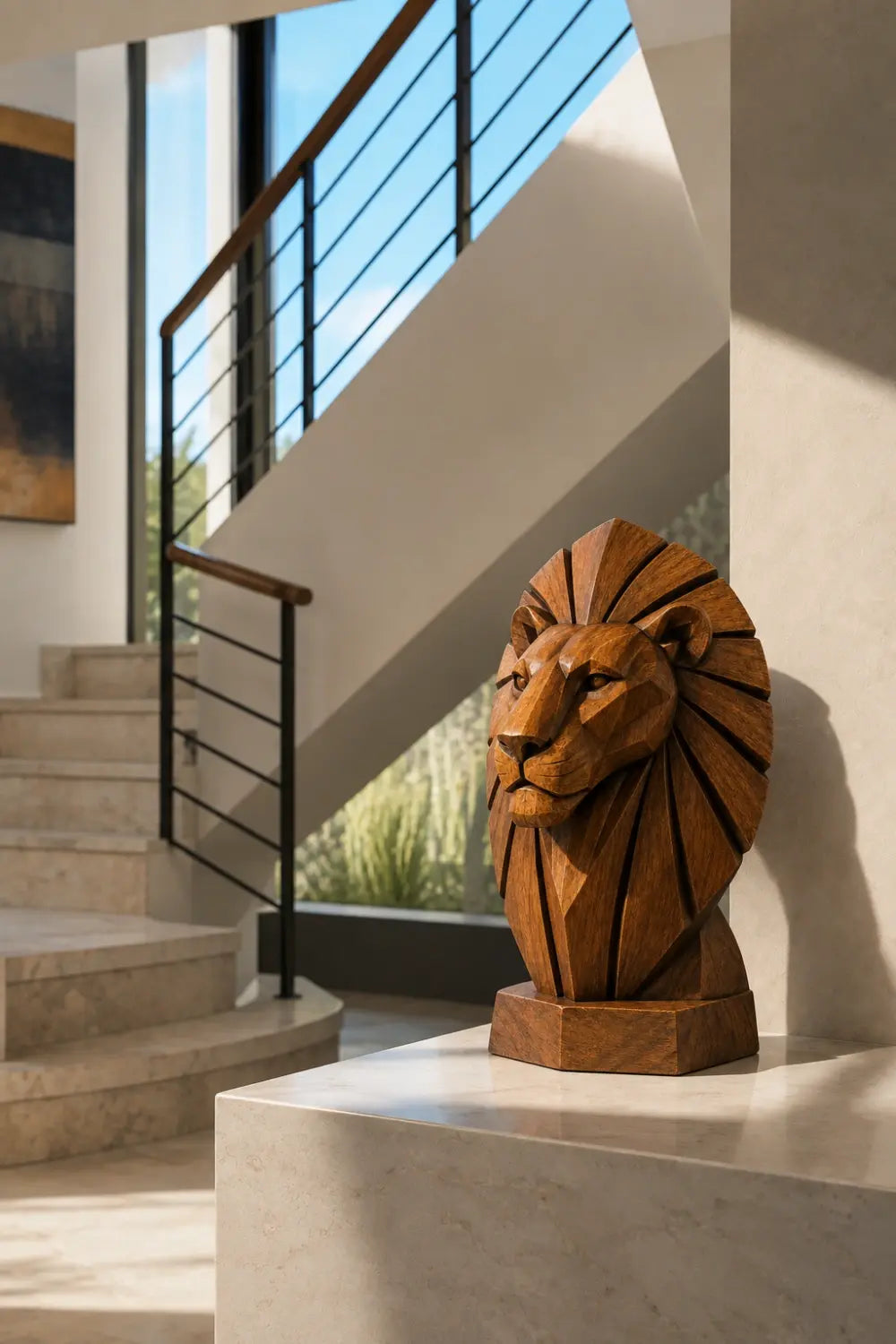Geometric Wooden Lion Head Sculpture | Hand Carved Abstract Animal Accent