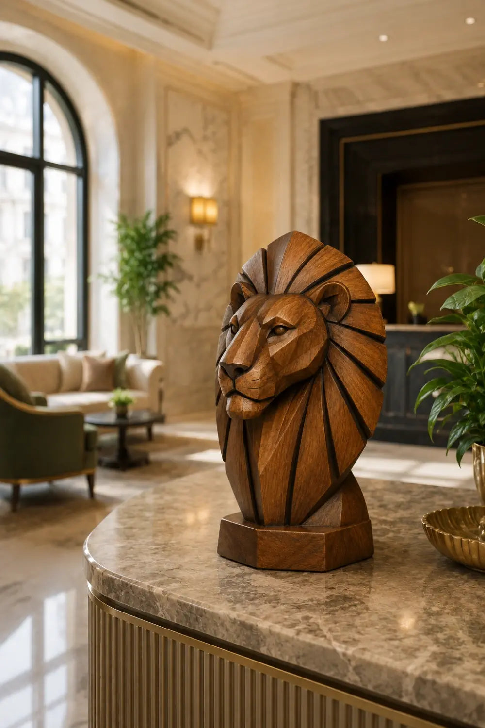 Geometric Wooden Lion Head Sculpture | Hand Carved Abstract Animal Accent