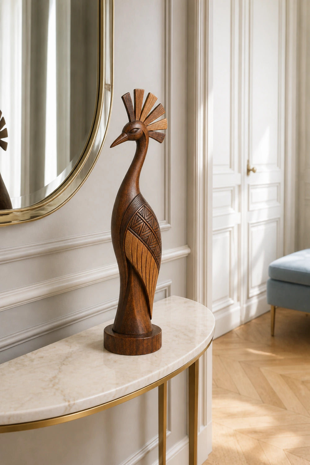 Carved Wooden Bird Sculpture | Tribal Boho Peacock Art Decor