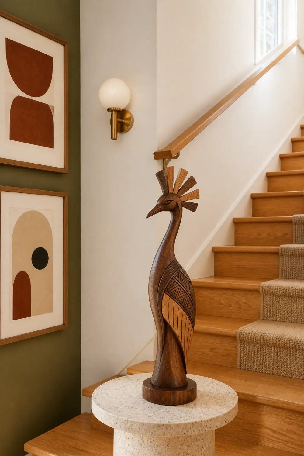 Carved Wooden Bird Sculpture | Tribal Boho Peacock Art Decor