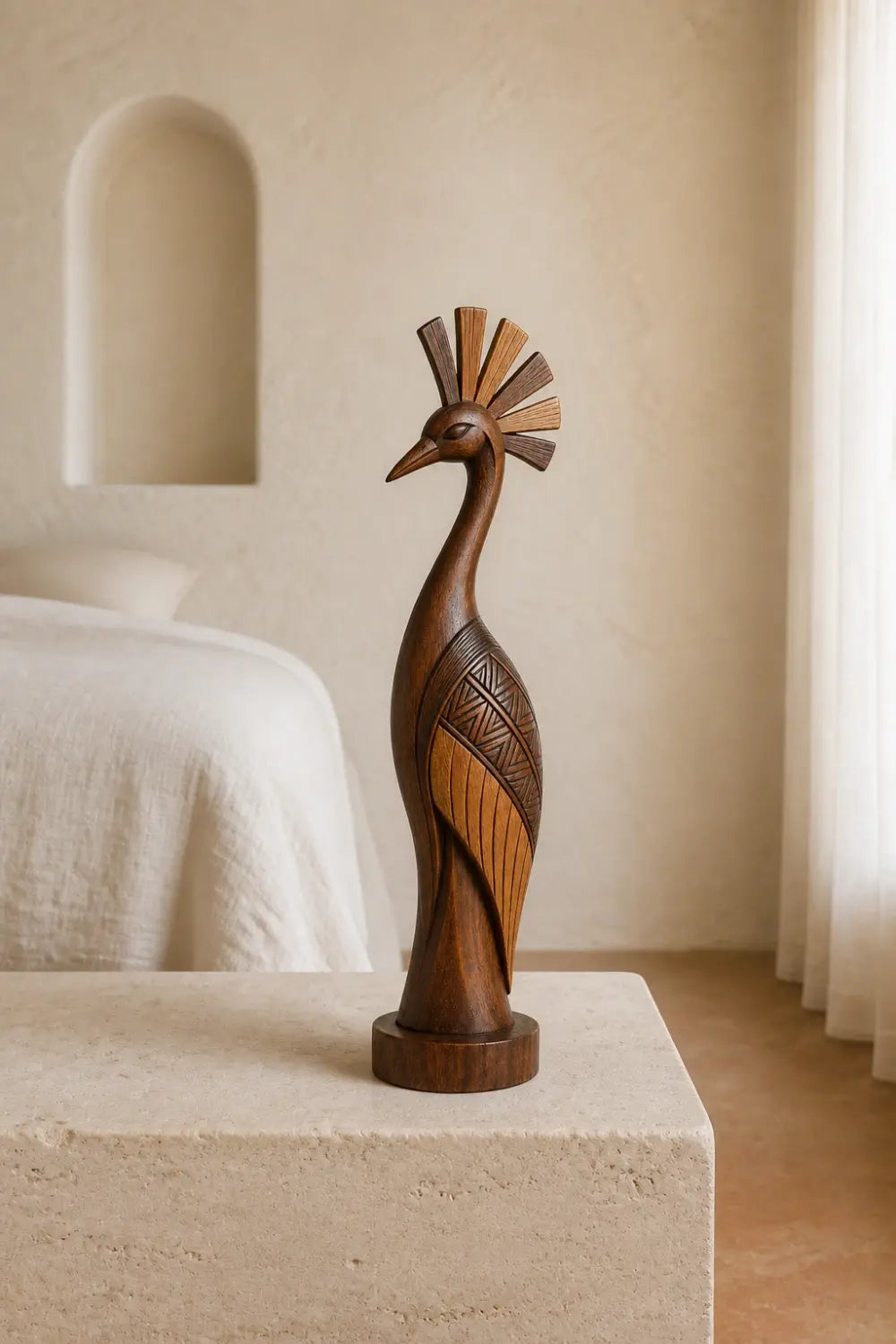 Carved Wooden Bird Sculpture | Tribal Boho Peacock Art Decor