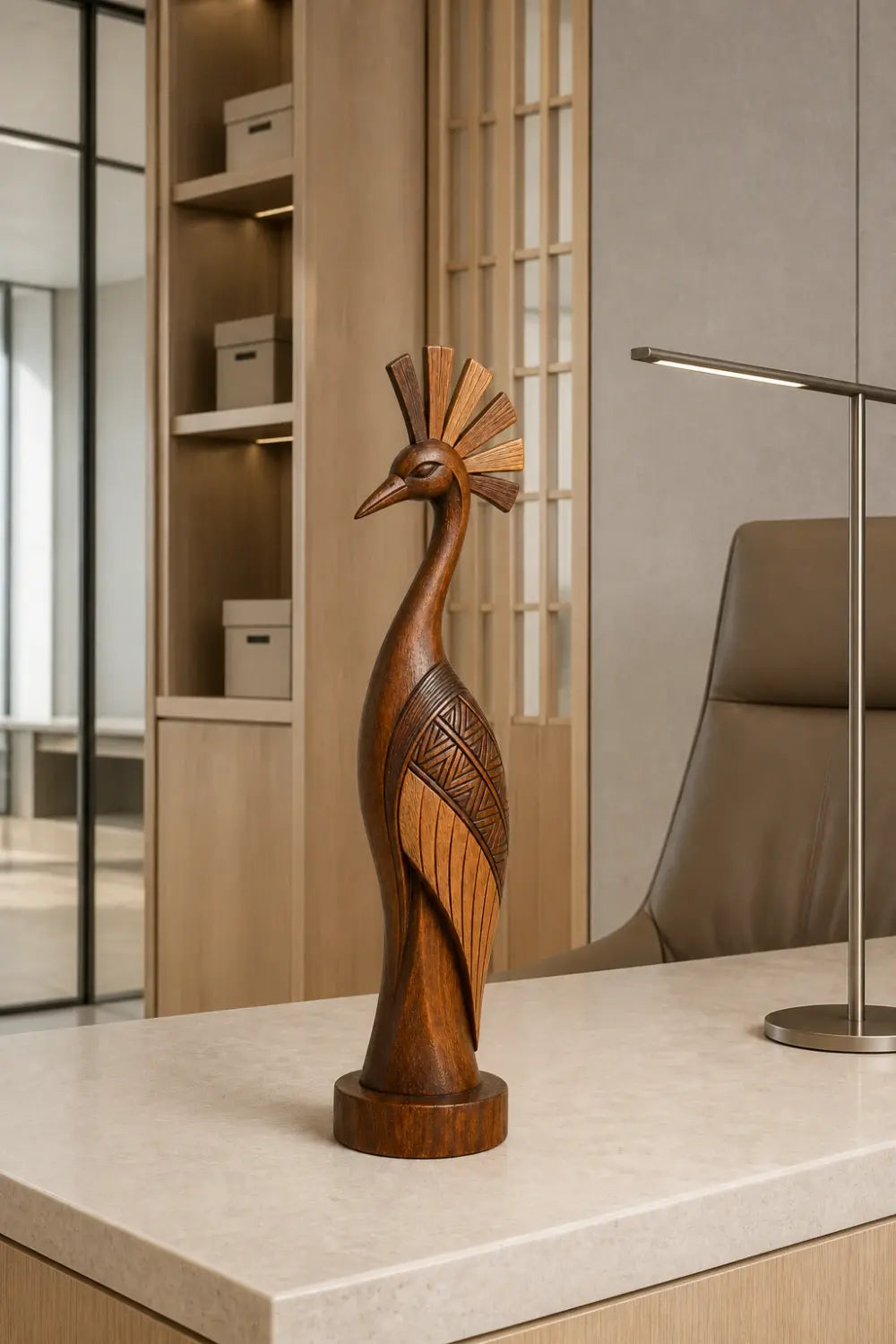 Carved Wooden Bird Sculpture | Tribal Boho Peacock Art Decor