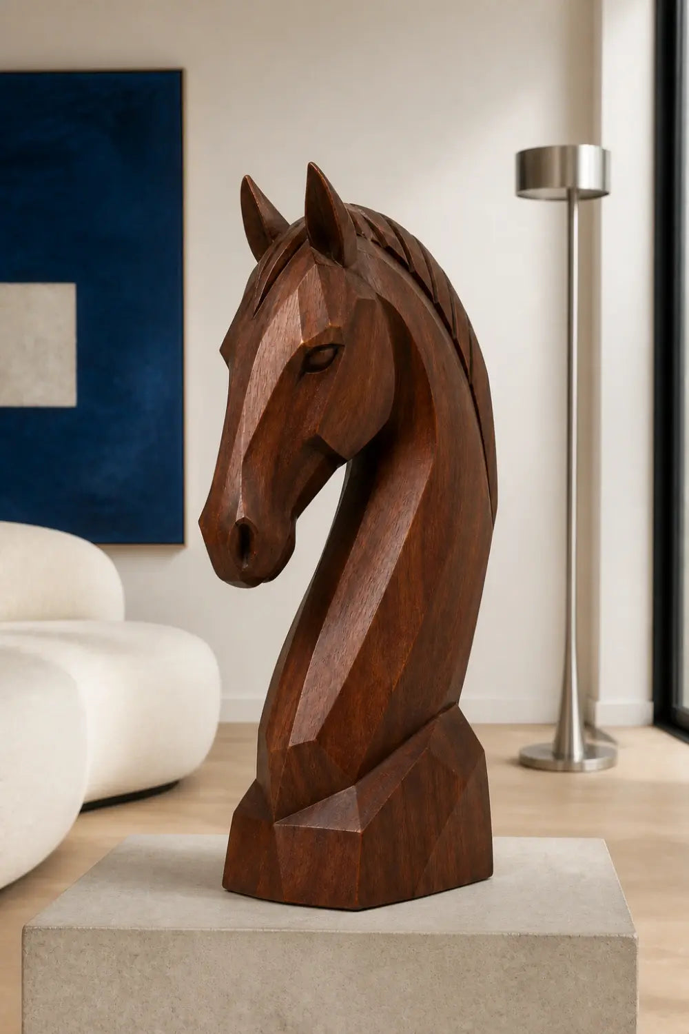 Minimalist Wooden Horse Head Sculpture | Mid Century Abstract Animal Art Accent