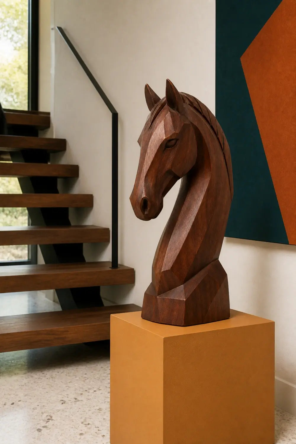 Minimalist Wooden Horse Head Sculpture | Mid Century Abstract Animal Art Accent