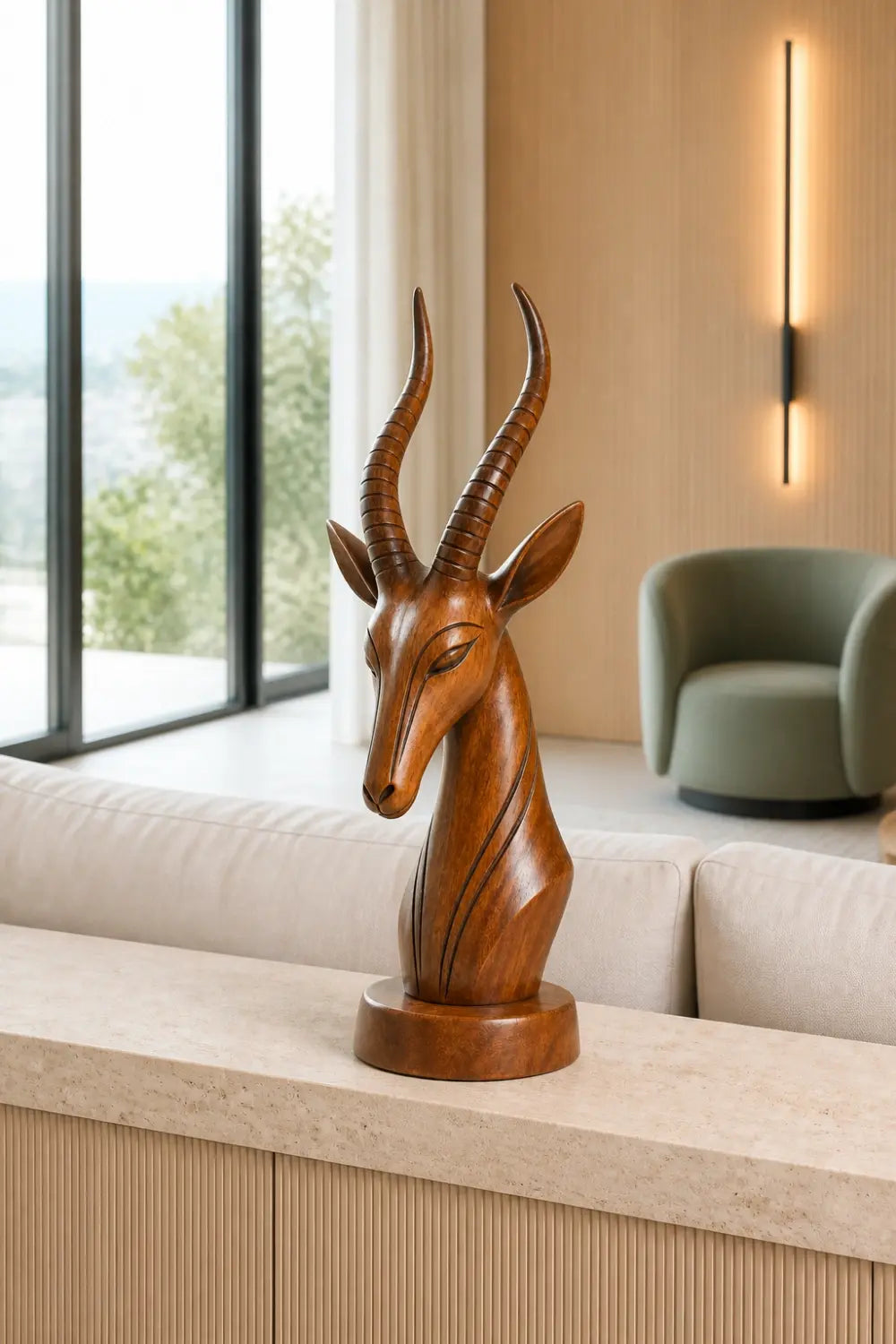 Wooden Antelope Sculpture Statue | Sleek Organic Modern Home Shelf Decor