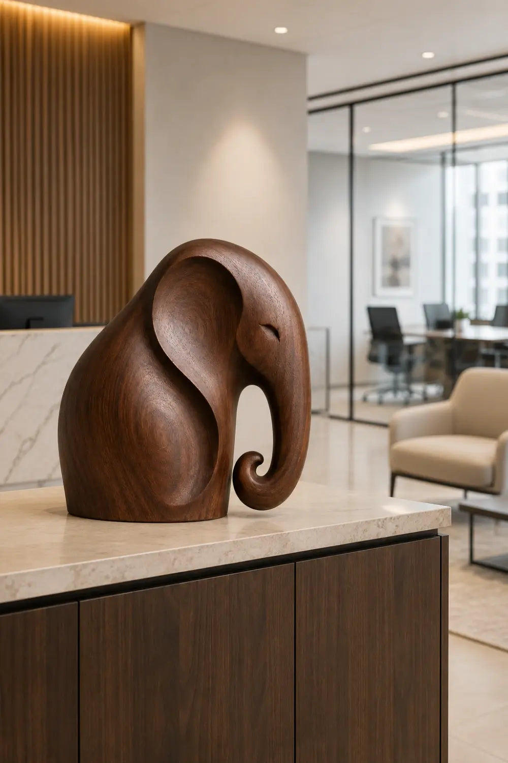 Smooth Wooden Elephant Statue Figurine | Sleek Modern Animal Table Decor