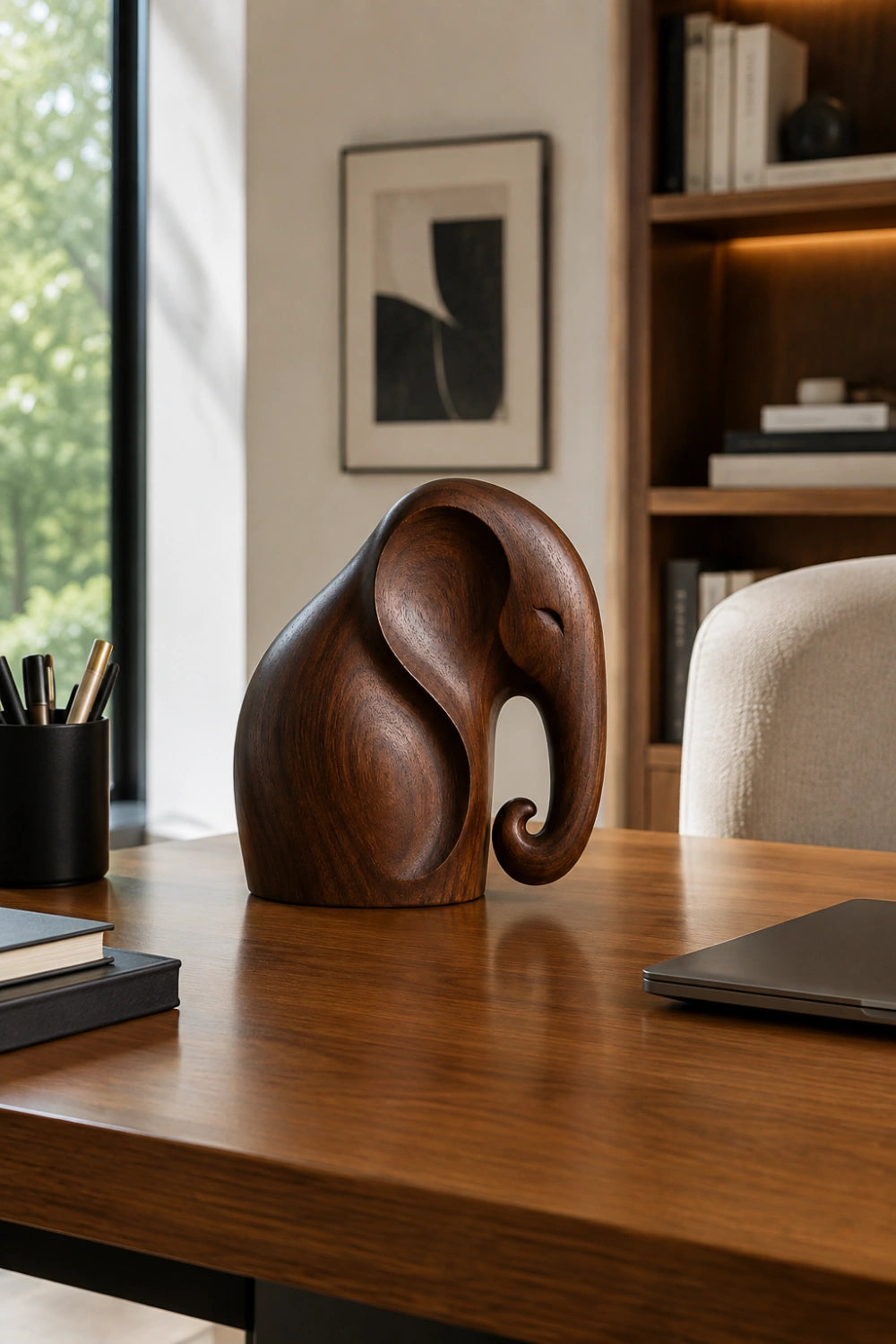 Smooth Wooden Elephant Statue Figurine | Sleek Modern Animal Table Decor