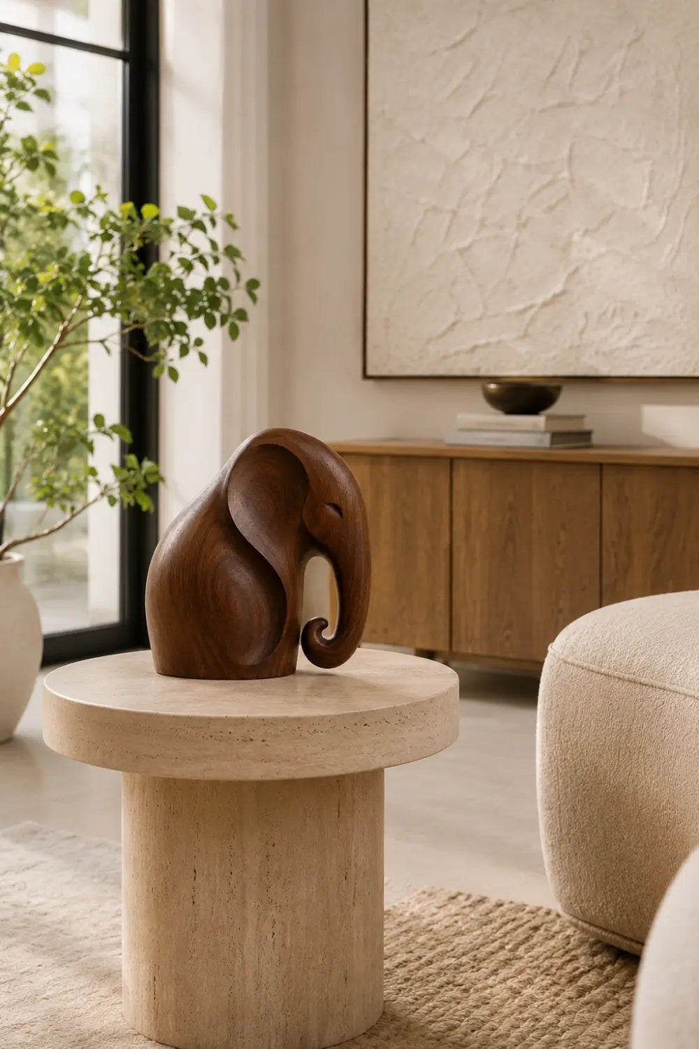 Smooth Wooden Elephant Statue Figurine | Sleek Modern Animal Table Decor