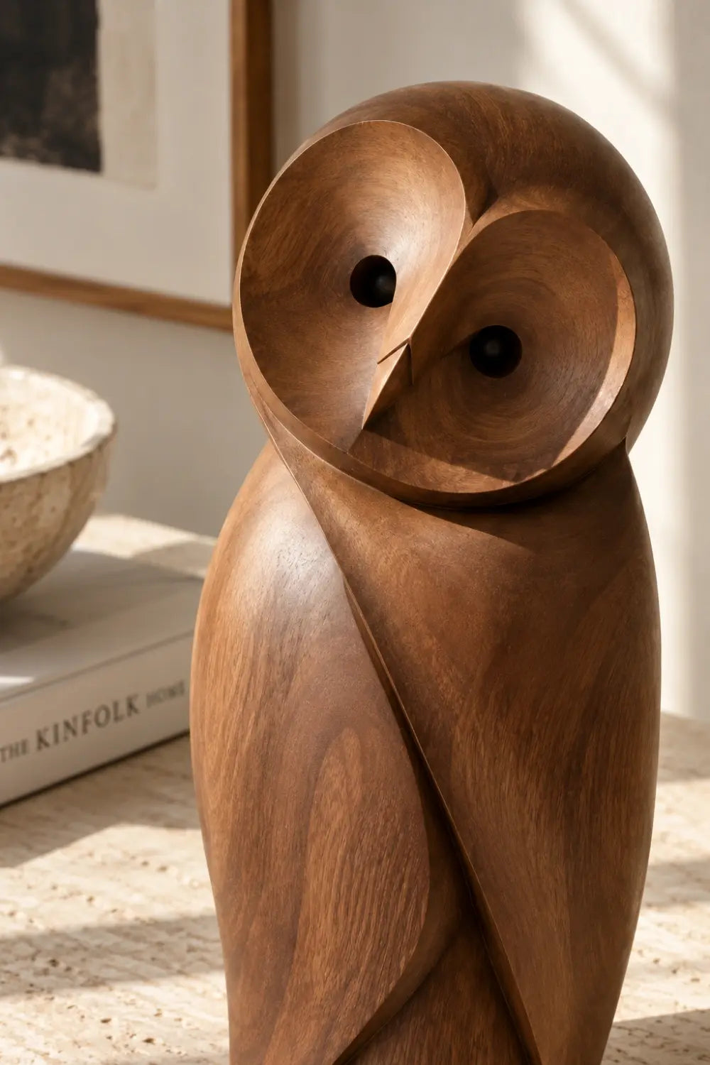 Minimalist Carved Wooden Owl Statue | Modern Bird Figurine Tabletop Art Decor