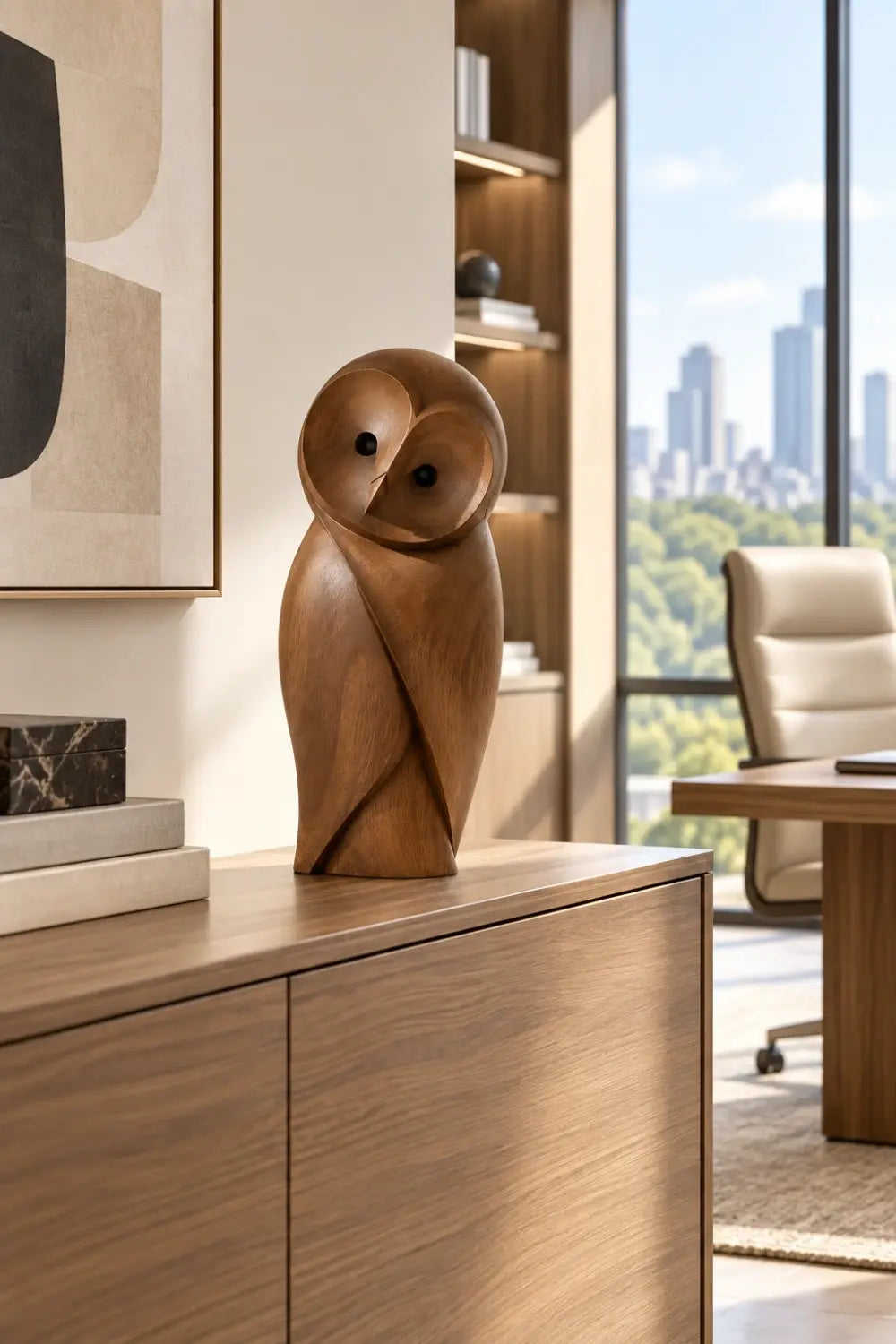 Minimalist Carved Wooden Owl Statue | Modern Bird Figurine Tabletop Art Decor