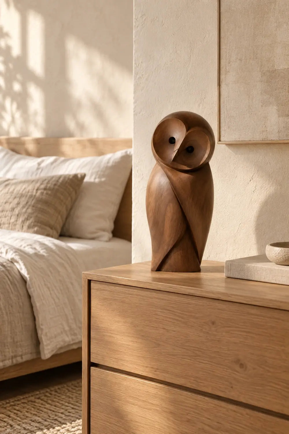 Minimalist Carved Wooden Owl Statue | Modern Bird Figurine Tabletop Art Decor