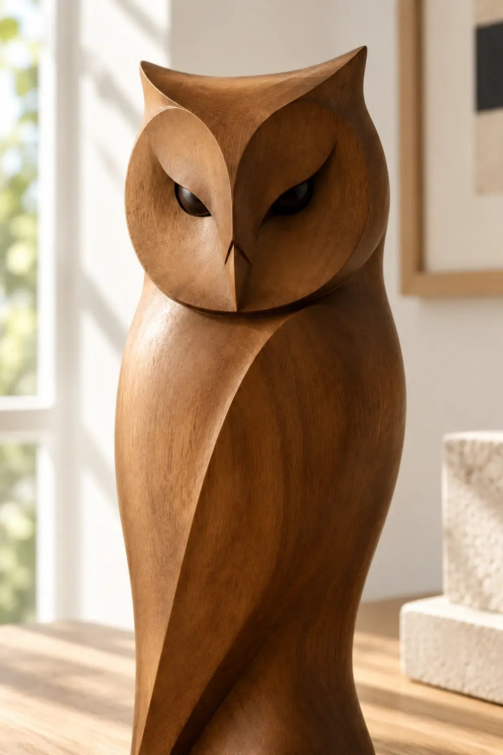 Sleek Wooden Owl Statue Sculpture | Hand Carved Modern Bird Accent Decor