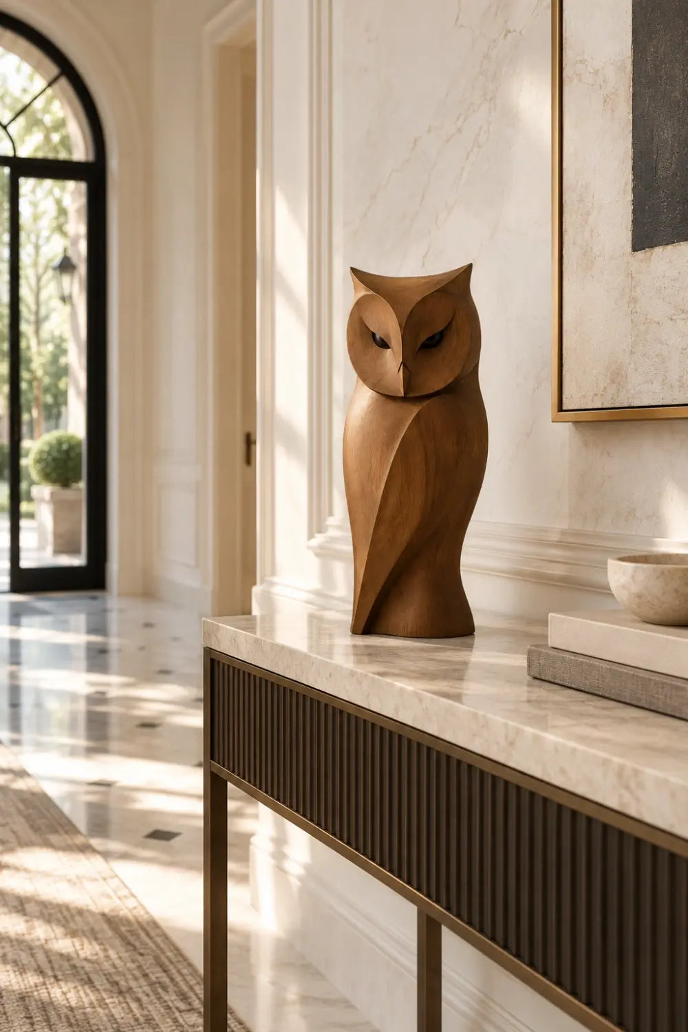 Sleek Wooden Owl Statue Sculpture | Hand Carved Modern Bird Accent Decor