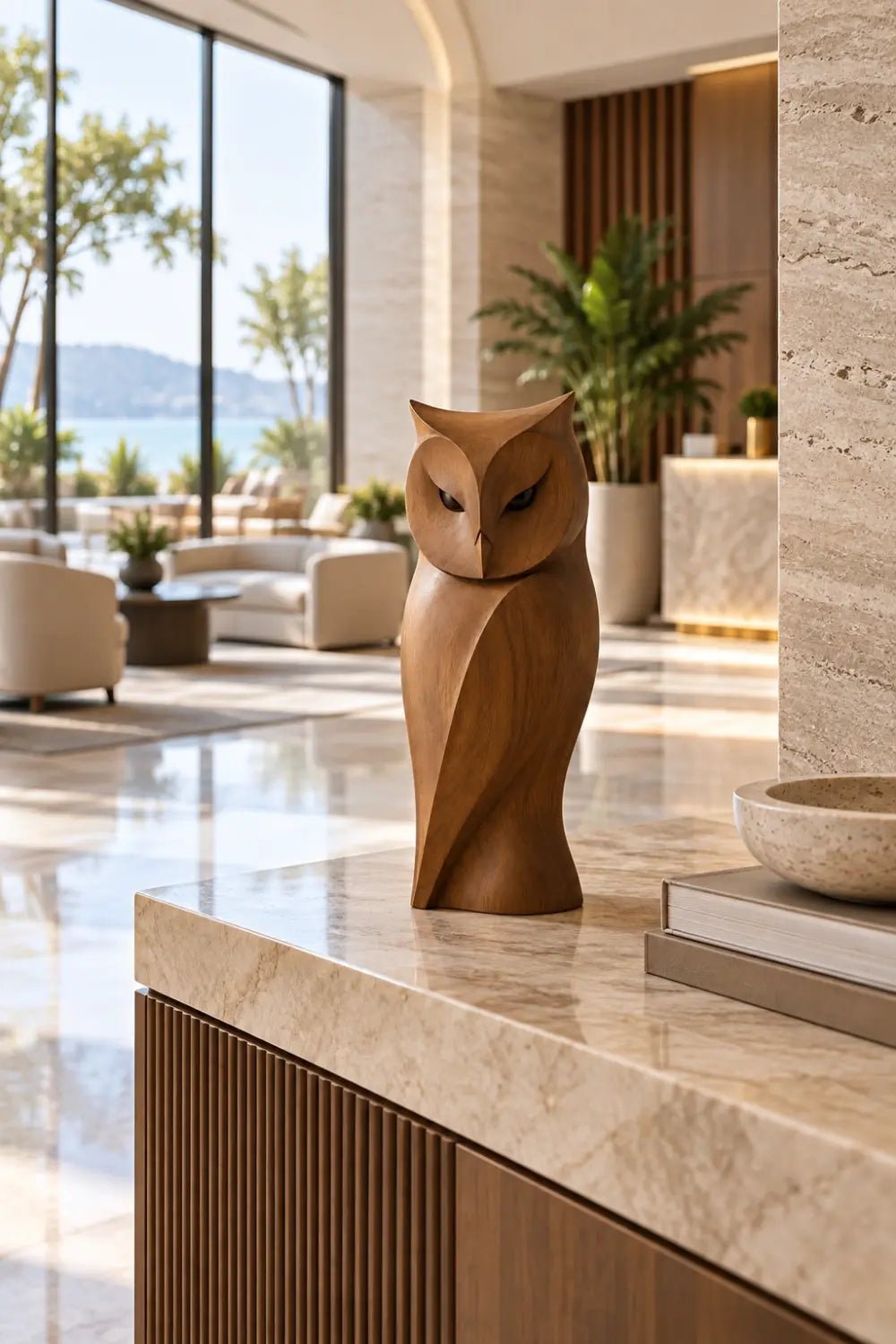 Sleek Wooden Owl Statue Sculpture | Hand Carved Modern Bird Accent Decor