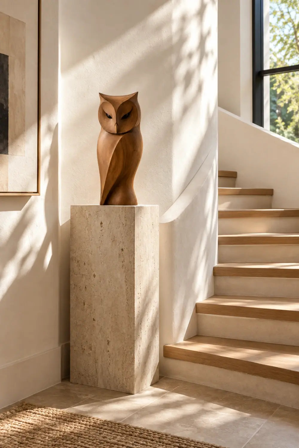 Sleek Wooden Owl Statue Sculpture | Hand Carved Modern Bird Accent Decor