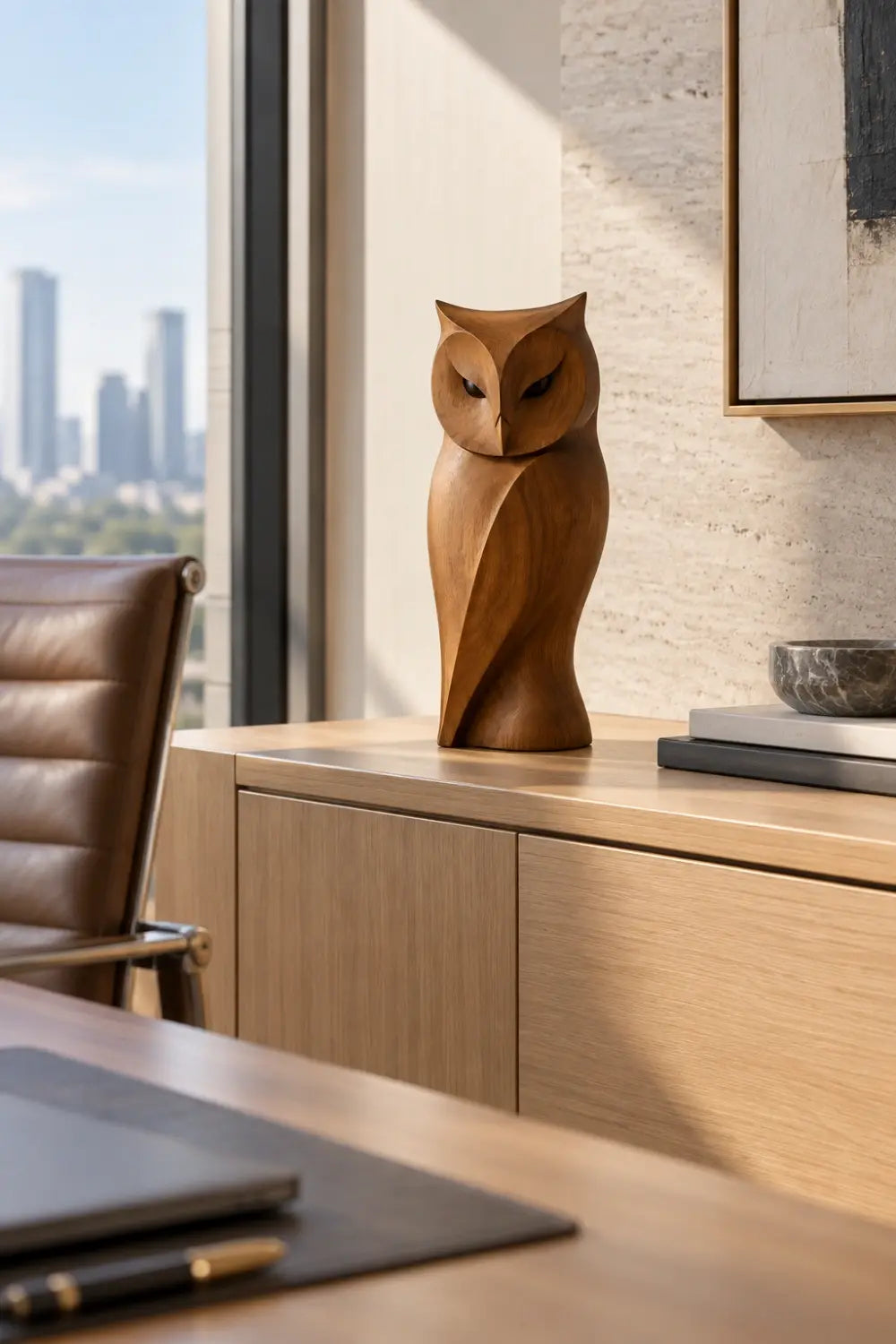 Sleek Wooden Owl Statue Sculpture | Hand Carved Modern Bird Accent Decor
