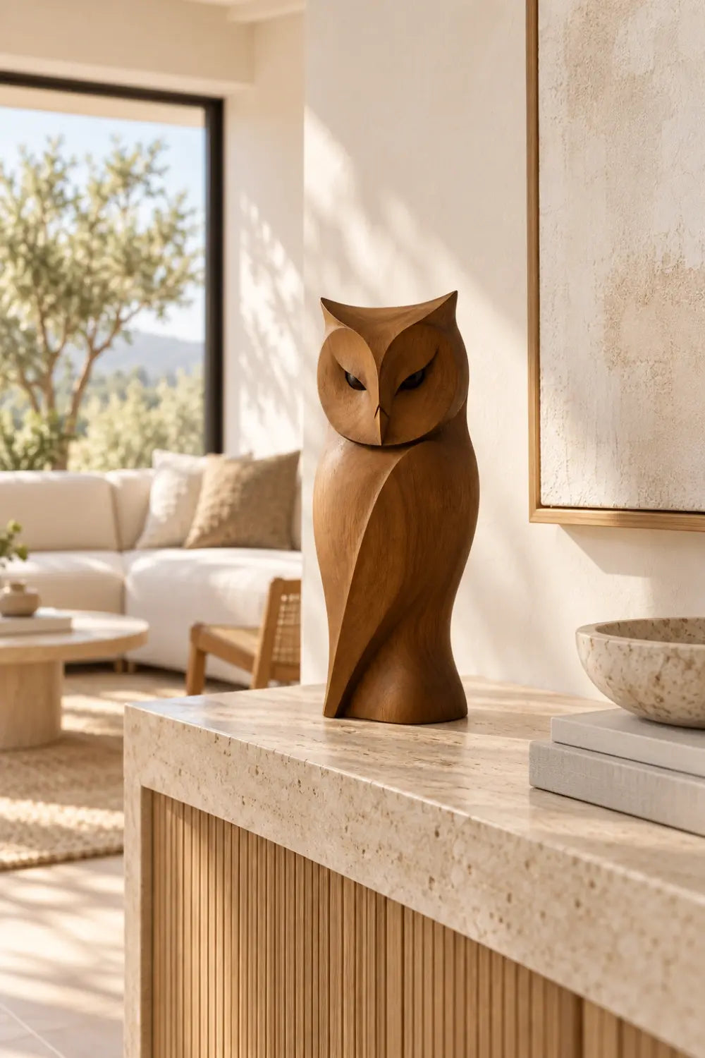 Sleek Wooden Owl Statue Sculpture | Hand Carved Modern Bird Accent Decor