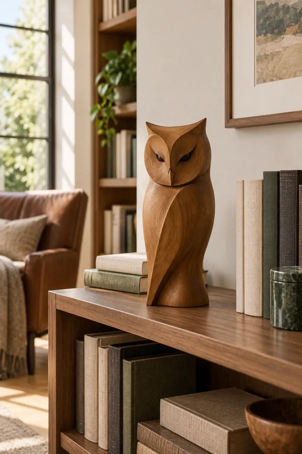 Sleek Wooden Owl Statue Sculpture | Hand Carved Modern Bird Accent Decor