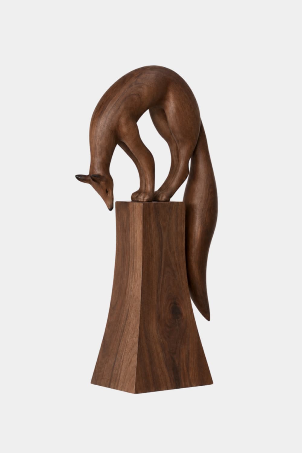 Carved Wooden Fox Statue On Pedestal | Modern Wildlife Animal Figurine Art Decor