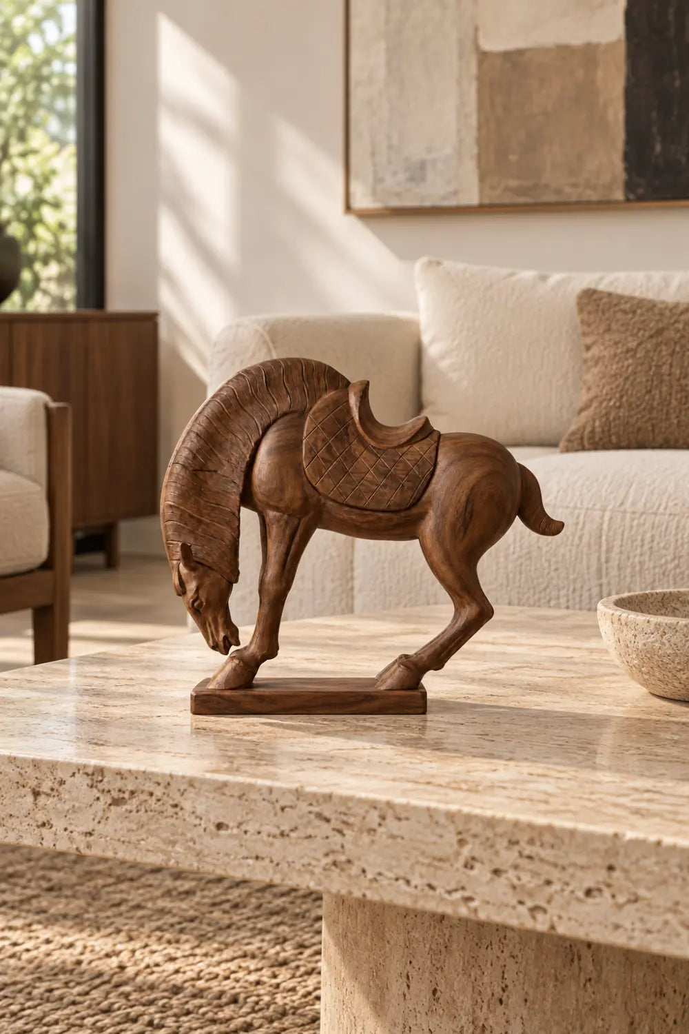 Carved Wooden Equestrian Horse Statue | Rustic Bowing Horse Tabletop Accent Decor