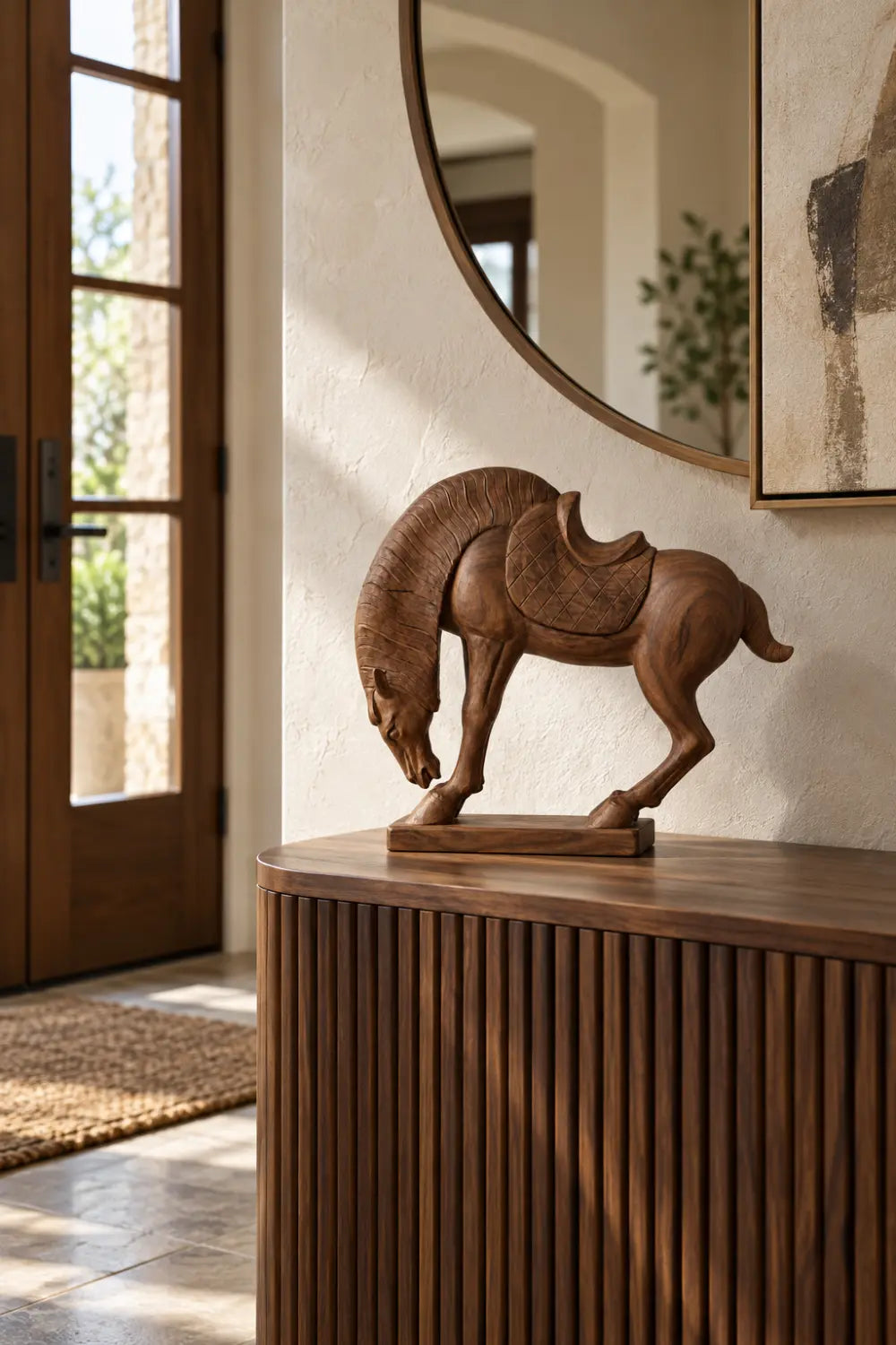 Carved Wooden Equestrian Horse Statue | Rustic Bowing Horse Tabletop Accent Decor