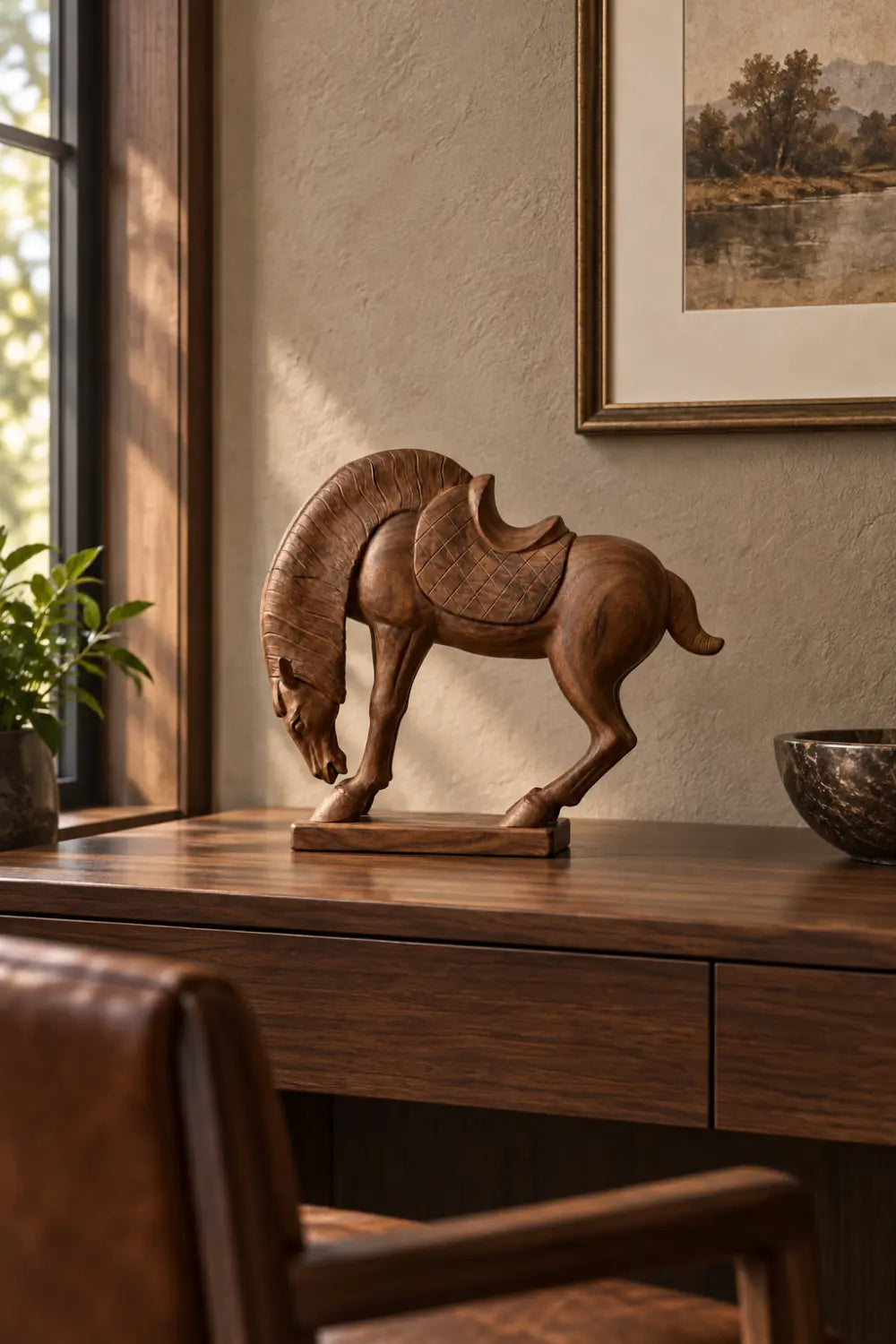 Carved Wooden Equestrian Horse Statue | Rustic Bowing Horse Tabletop Accent Decor