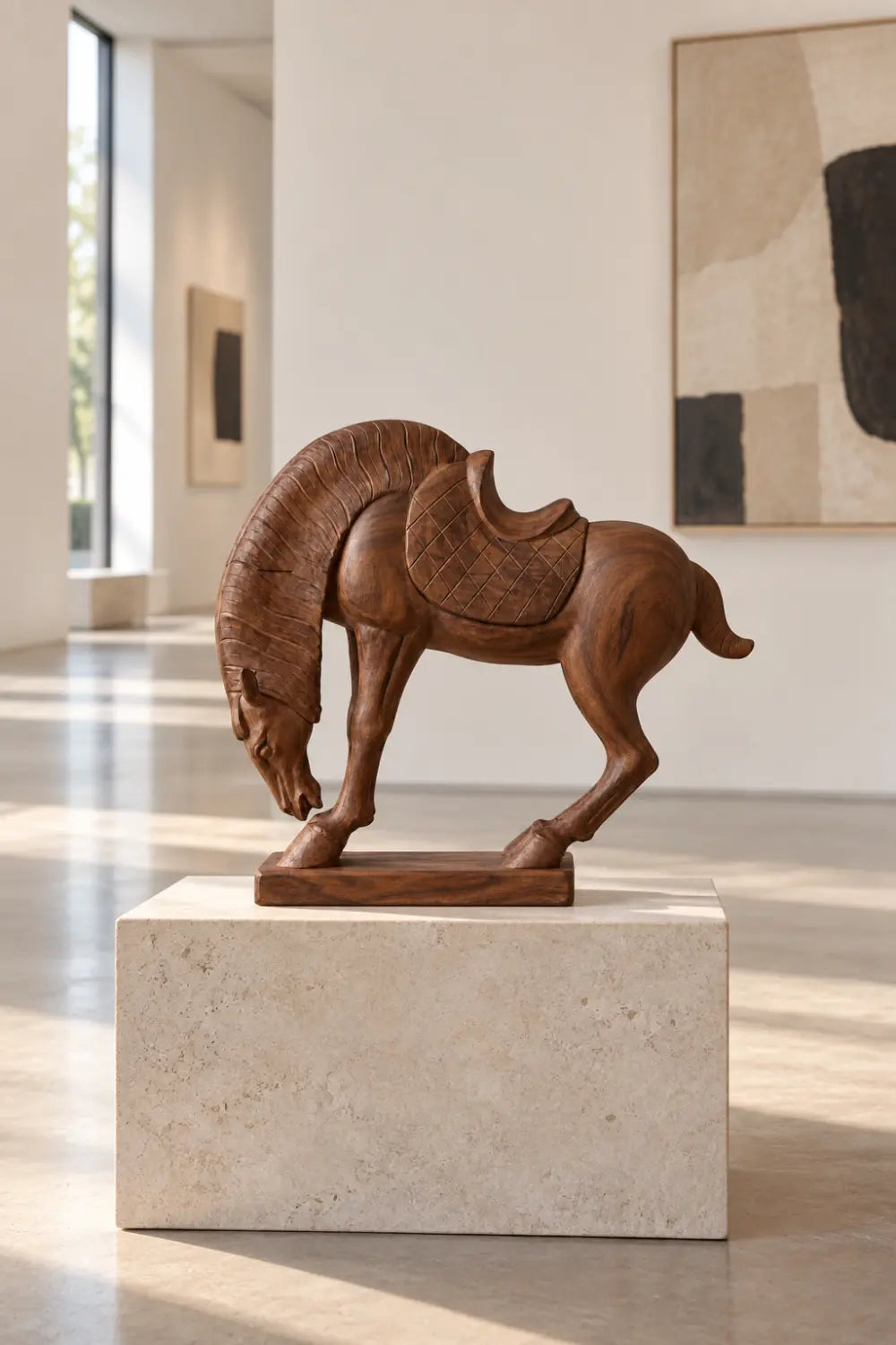 Carved Wooden Equestrian Horse Statue | Rustic Bowing Horse Tabletop Accent Decor