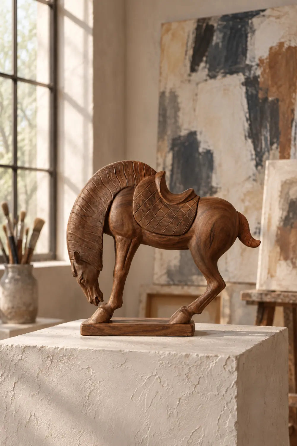 Carved Wooden Equestrian Horse Statue | Rustic Bowing Horse Tabletop Accent Decor