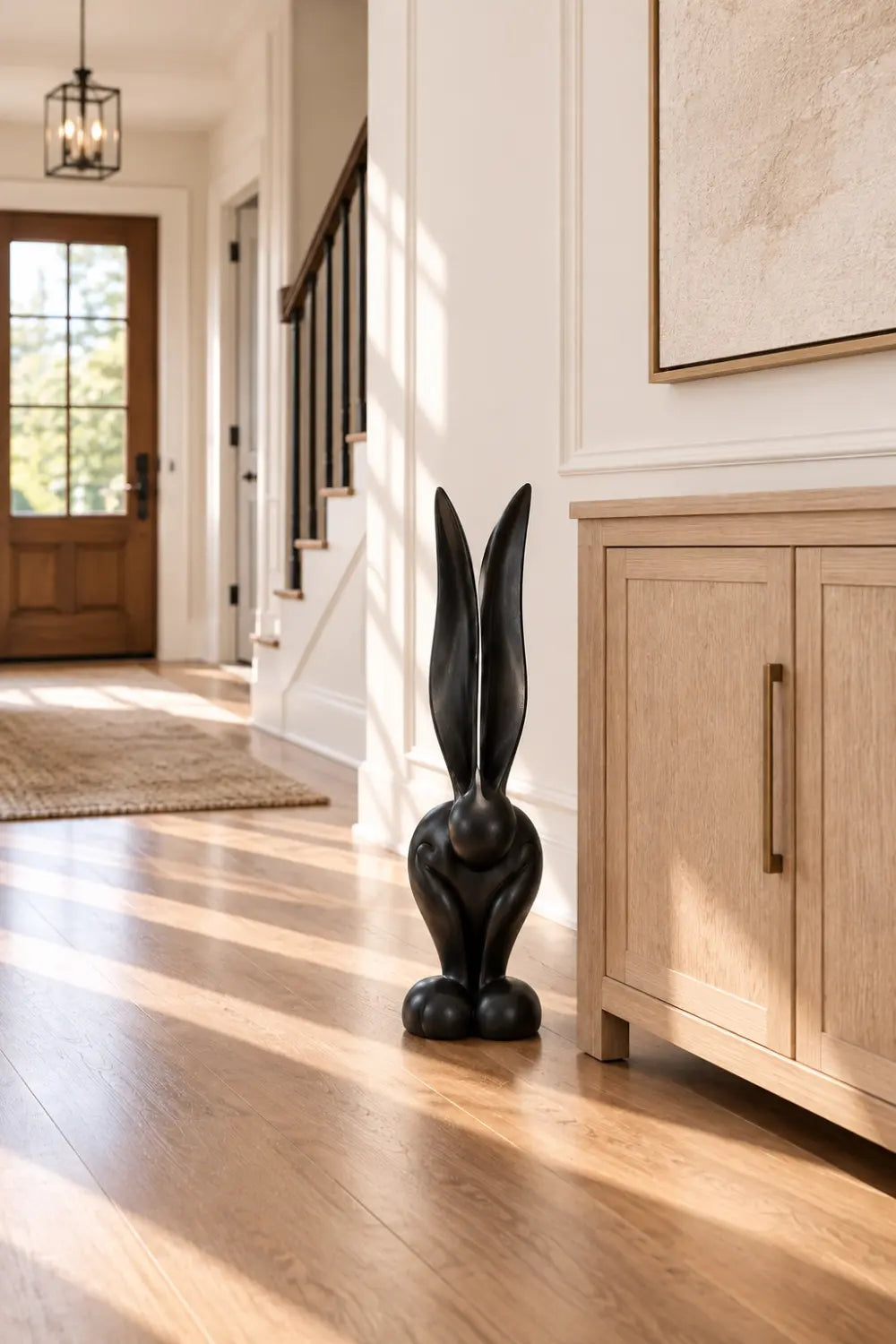 Minimalist Wooden Rabbit Statue | Sleek Long Eared Bunny Figurine Tabletop Decor