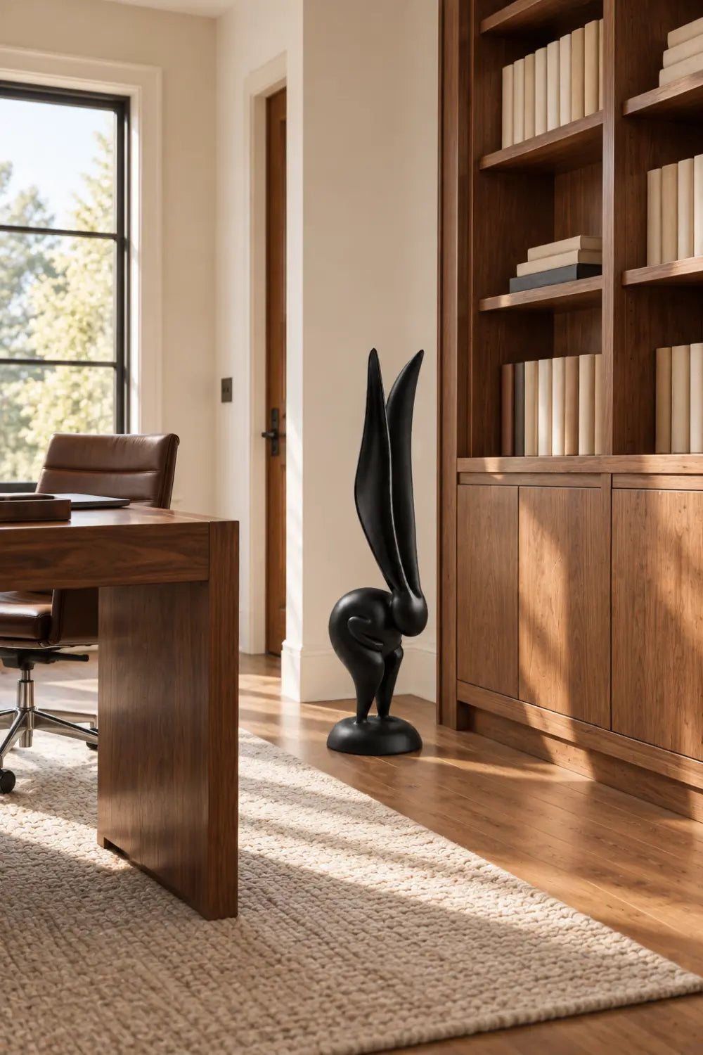 Minimalist Wooden Rabbit Statue | Sleek Long Eared Bunny Figurine Tabletop Decor